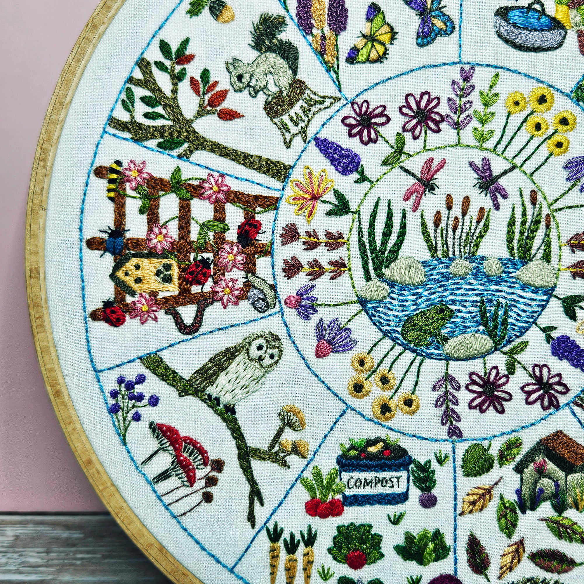 Embroidery hoop with a colorful garden-themed design featuring plants, animals, and a compost bin.