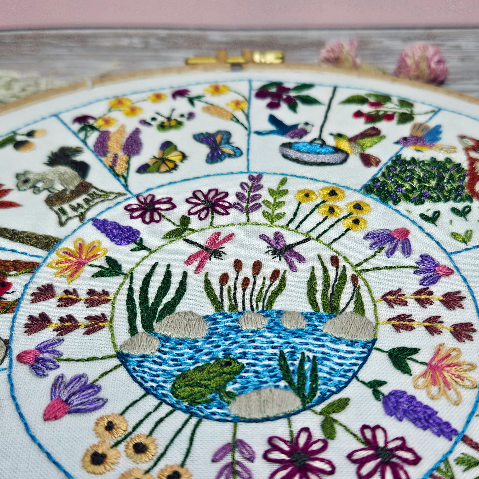 Embroidery hoop with a colorful floral and nature-themed design.