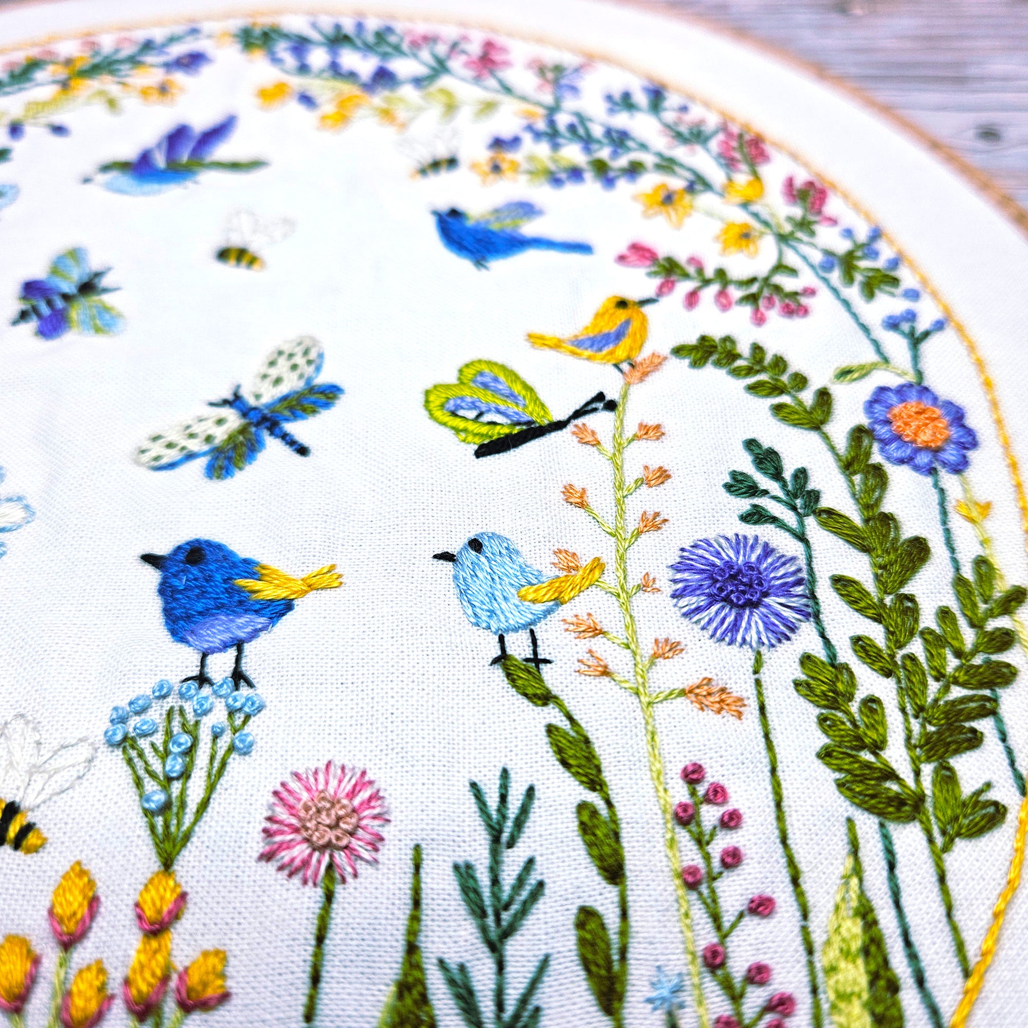 Embroidered design of birds, flowers, and butterflies on fabric