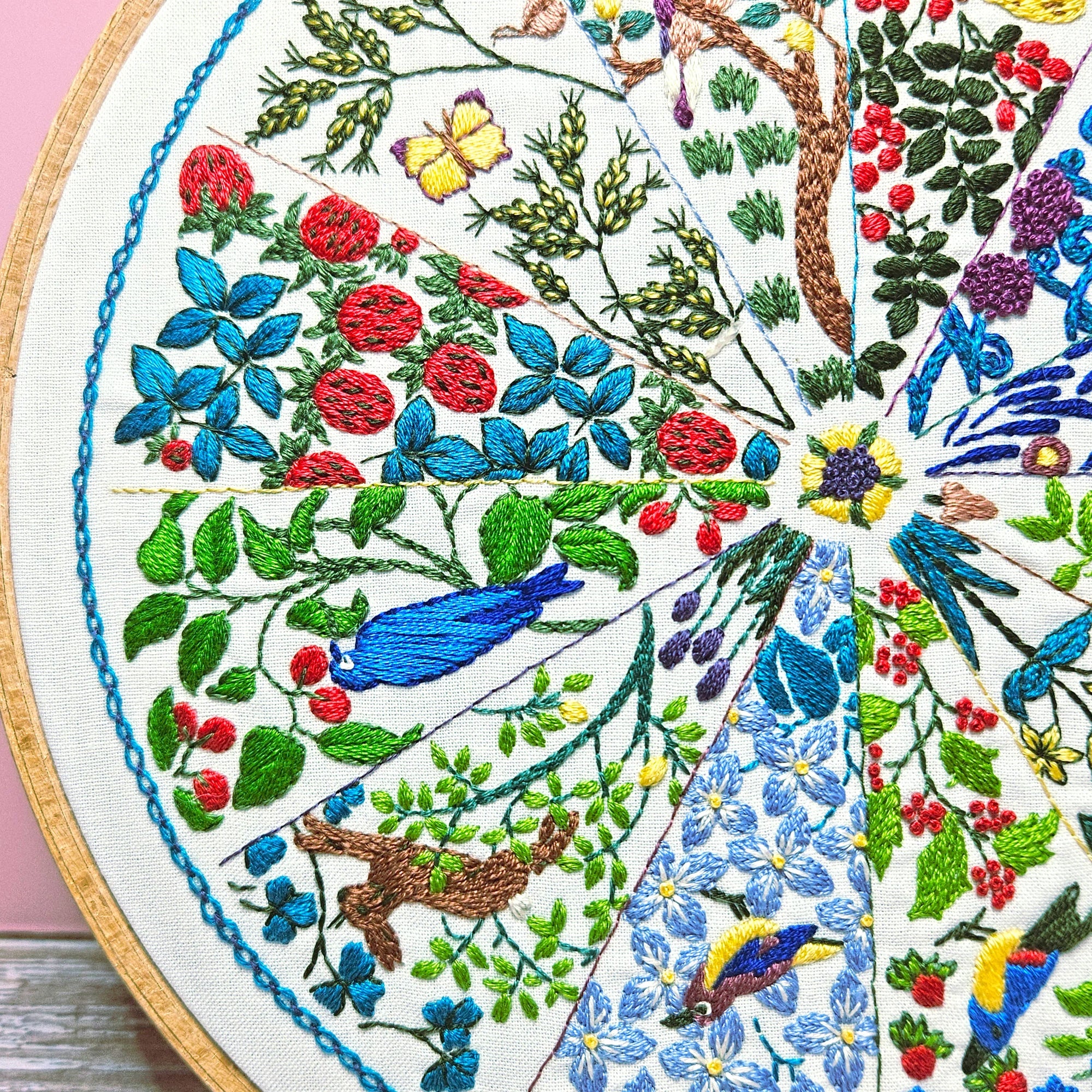 Embroidery hoop with a colorful floral and nature-themed design.