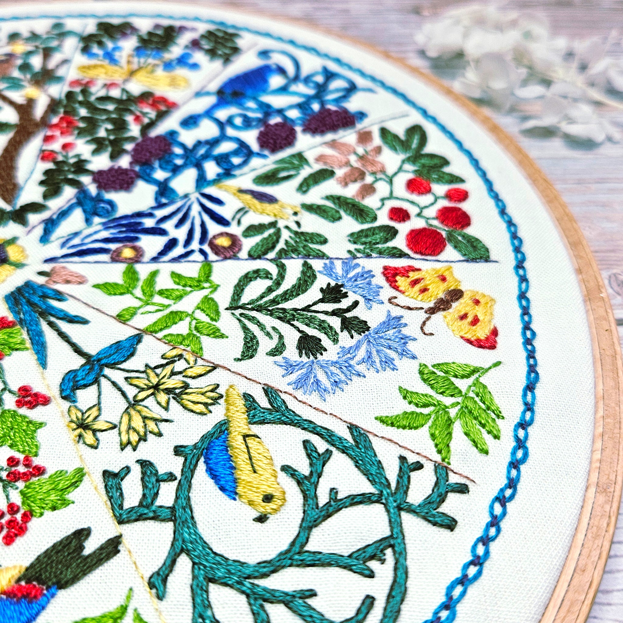 Embroidery hoop with colorful floral and bird design on a wooden surface.