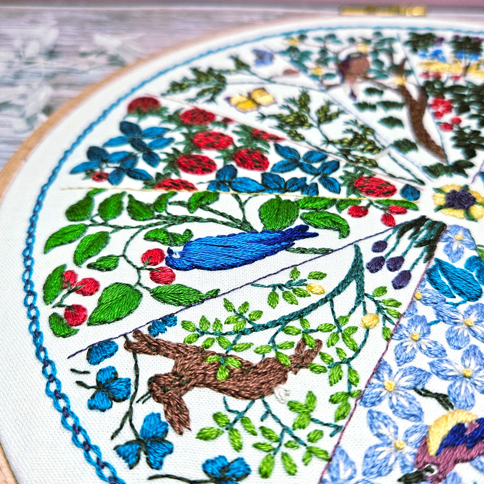 Embroidery hoop with colorful floral and bird design