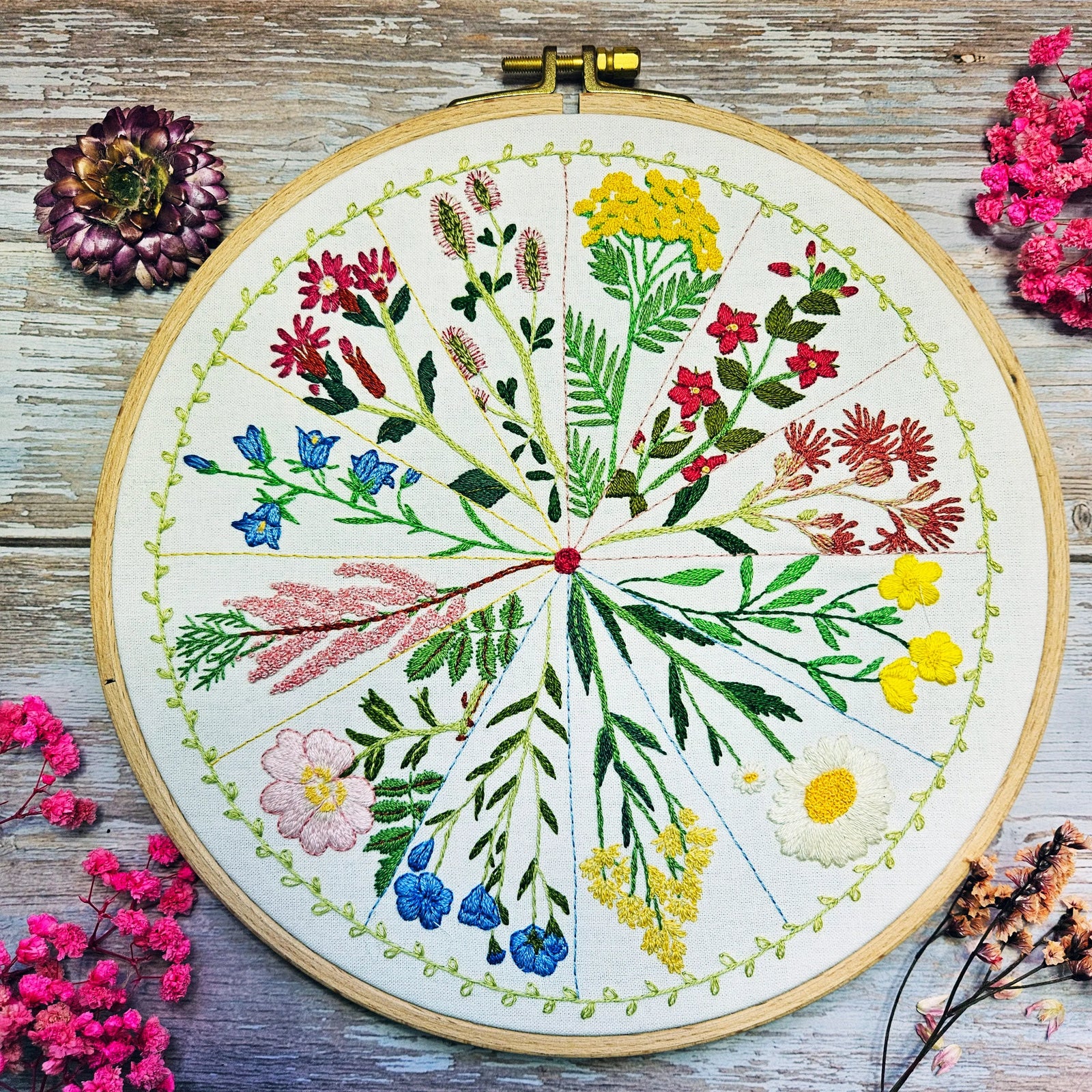 Embroidery hoop with floral design surrounded by real flowers on a wooden surface