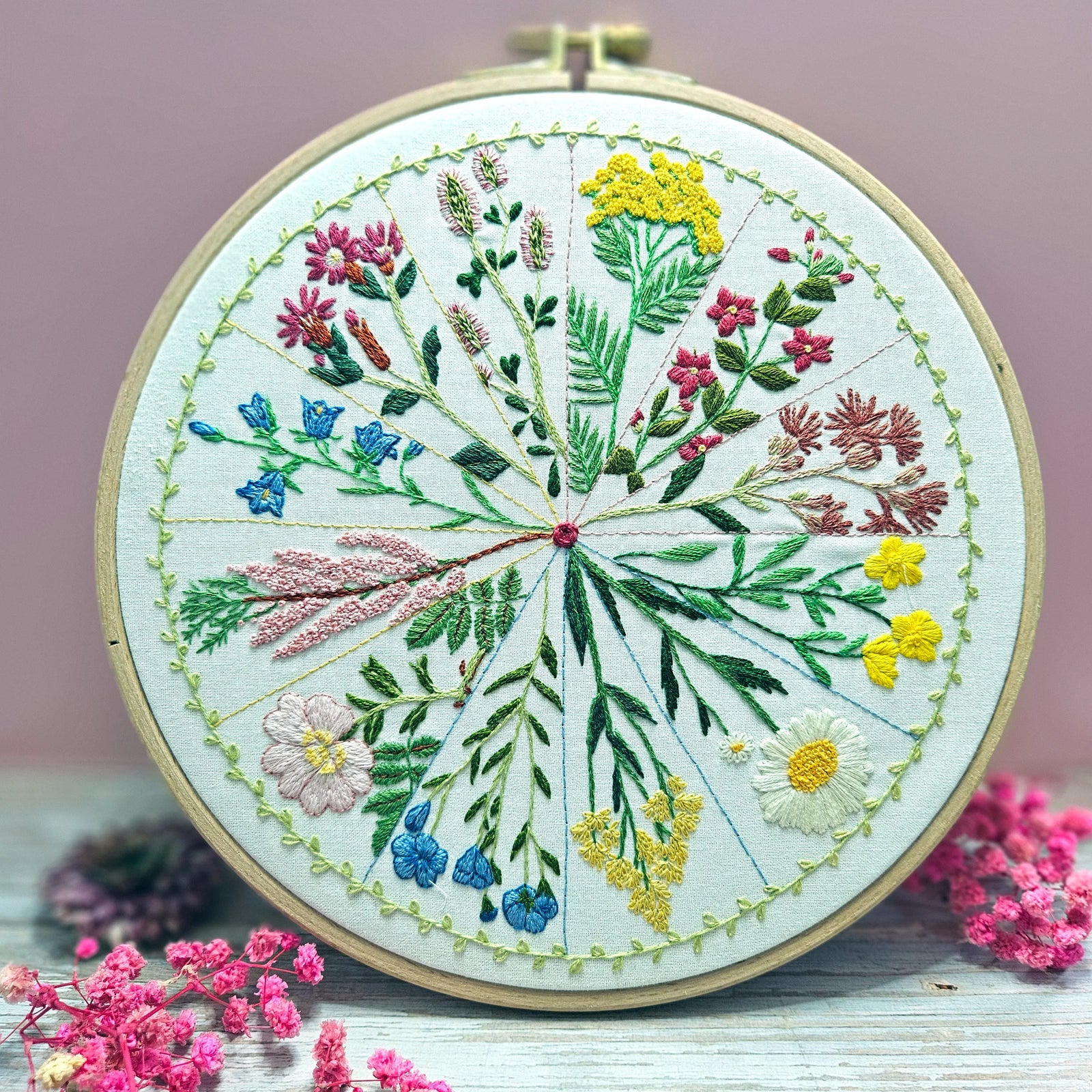 Embroidery hoop with floral pattern on a light background