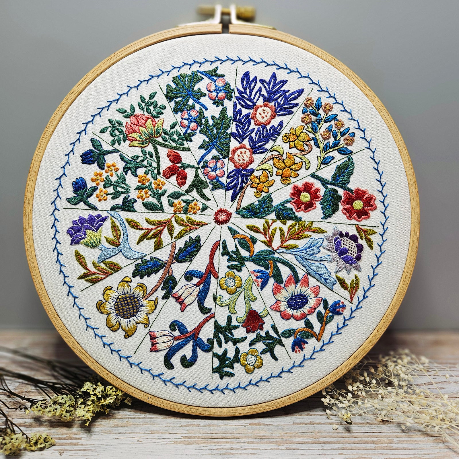 Embroidery hoop with floral pattern on a wooden surface