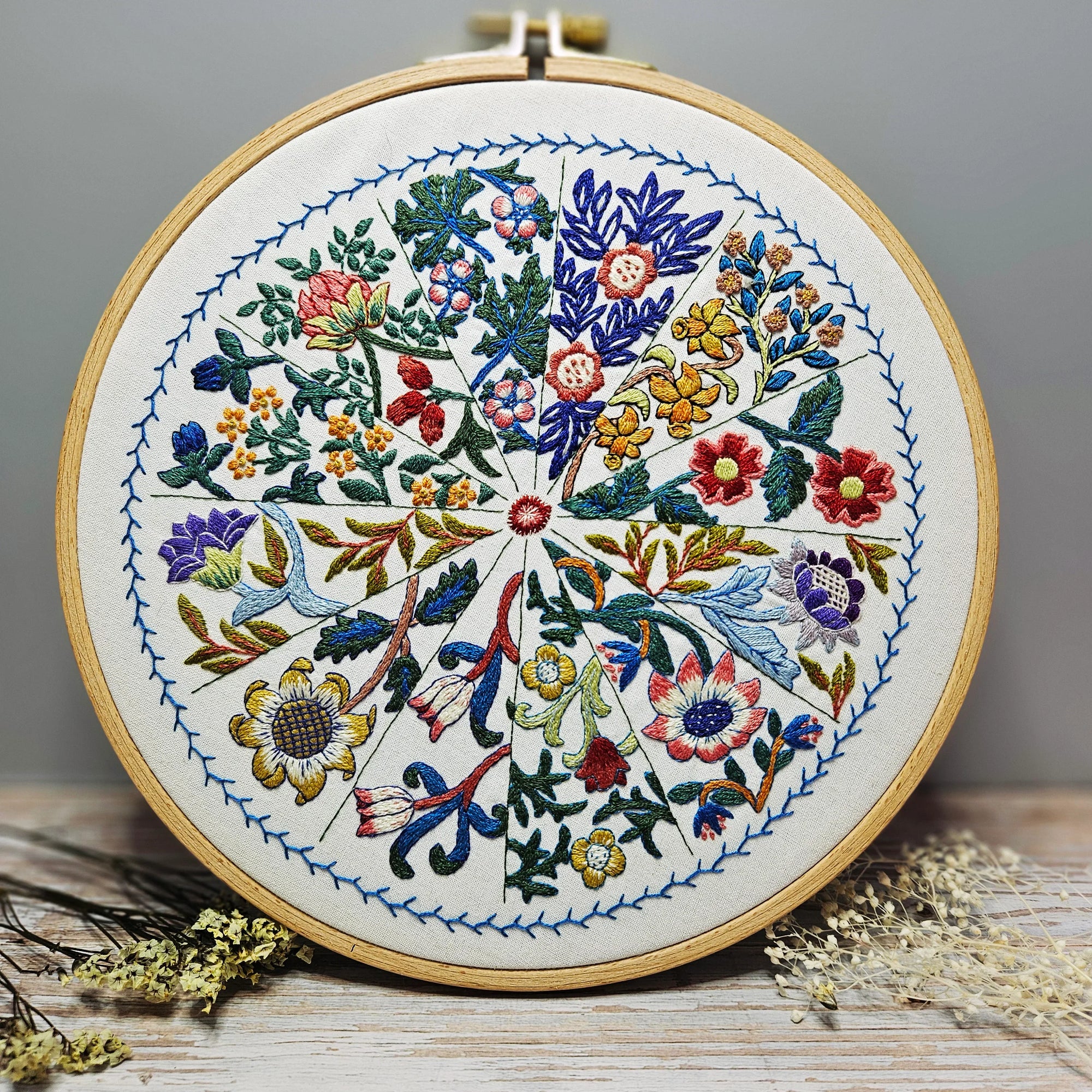 Embroidery hoop with floral pattern on a wooden surface