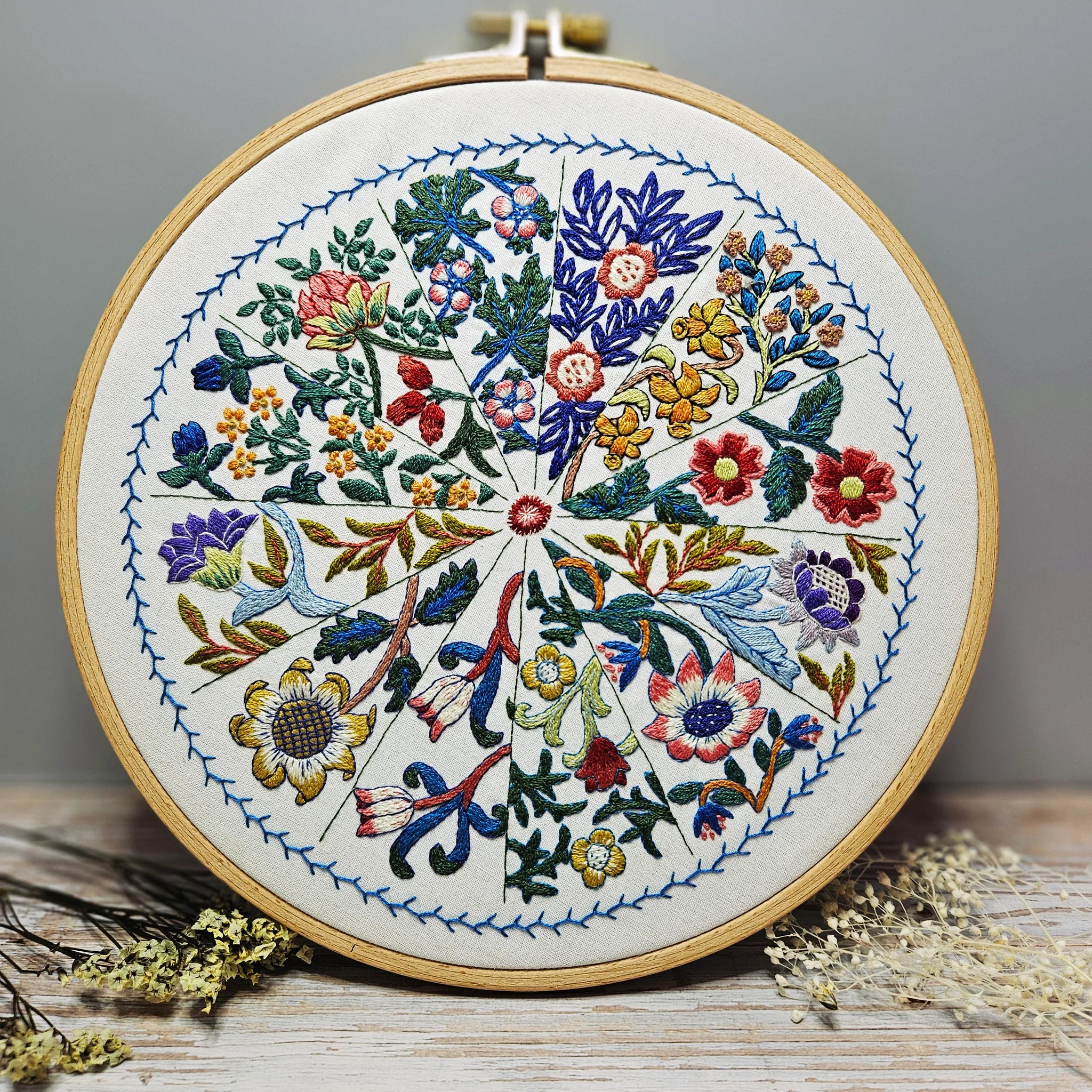 Embroidery hoop with floral pattern on a wooden surface