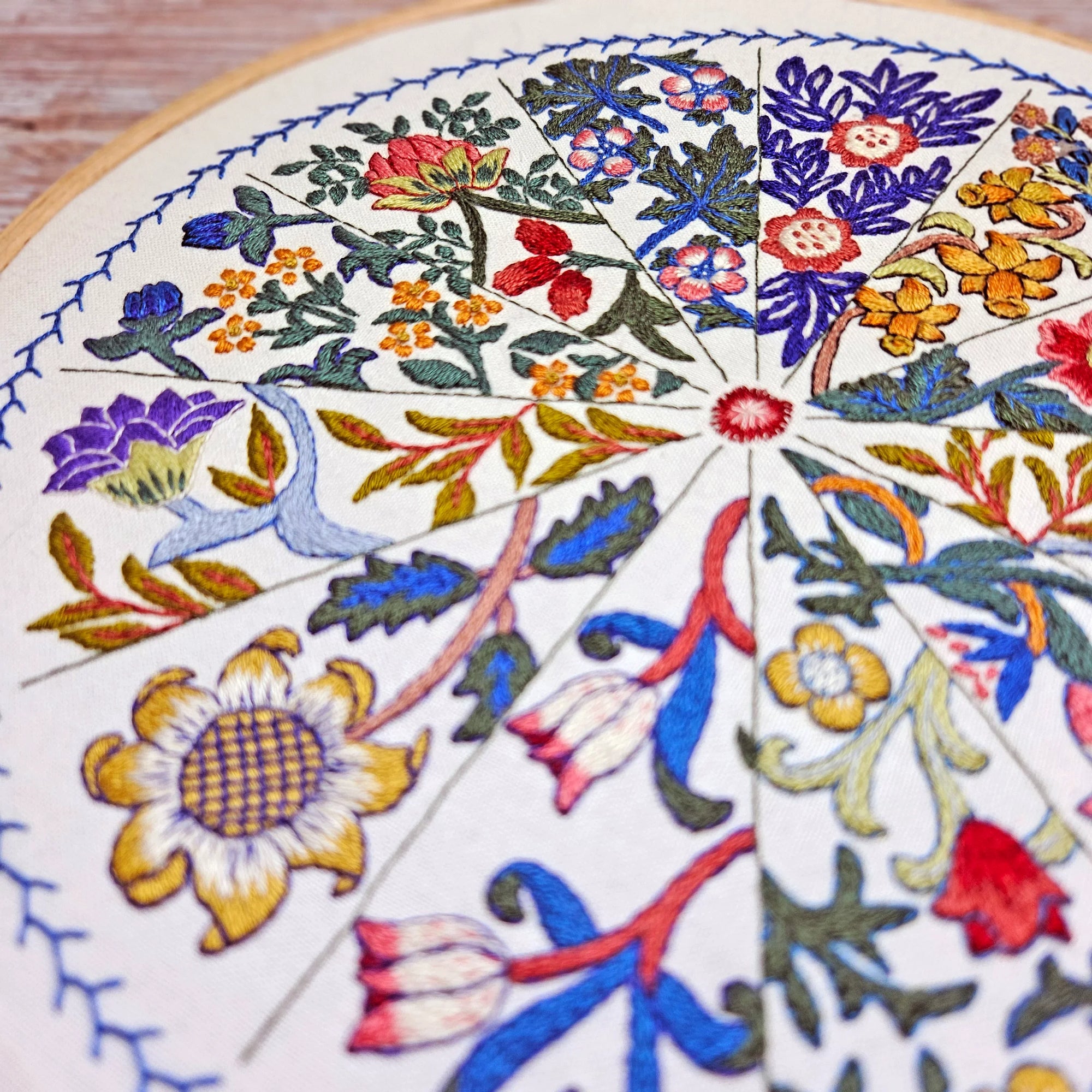 Embroidered fabric with floral patterns on a wooden surface