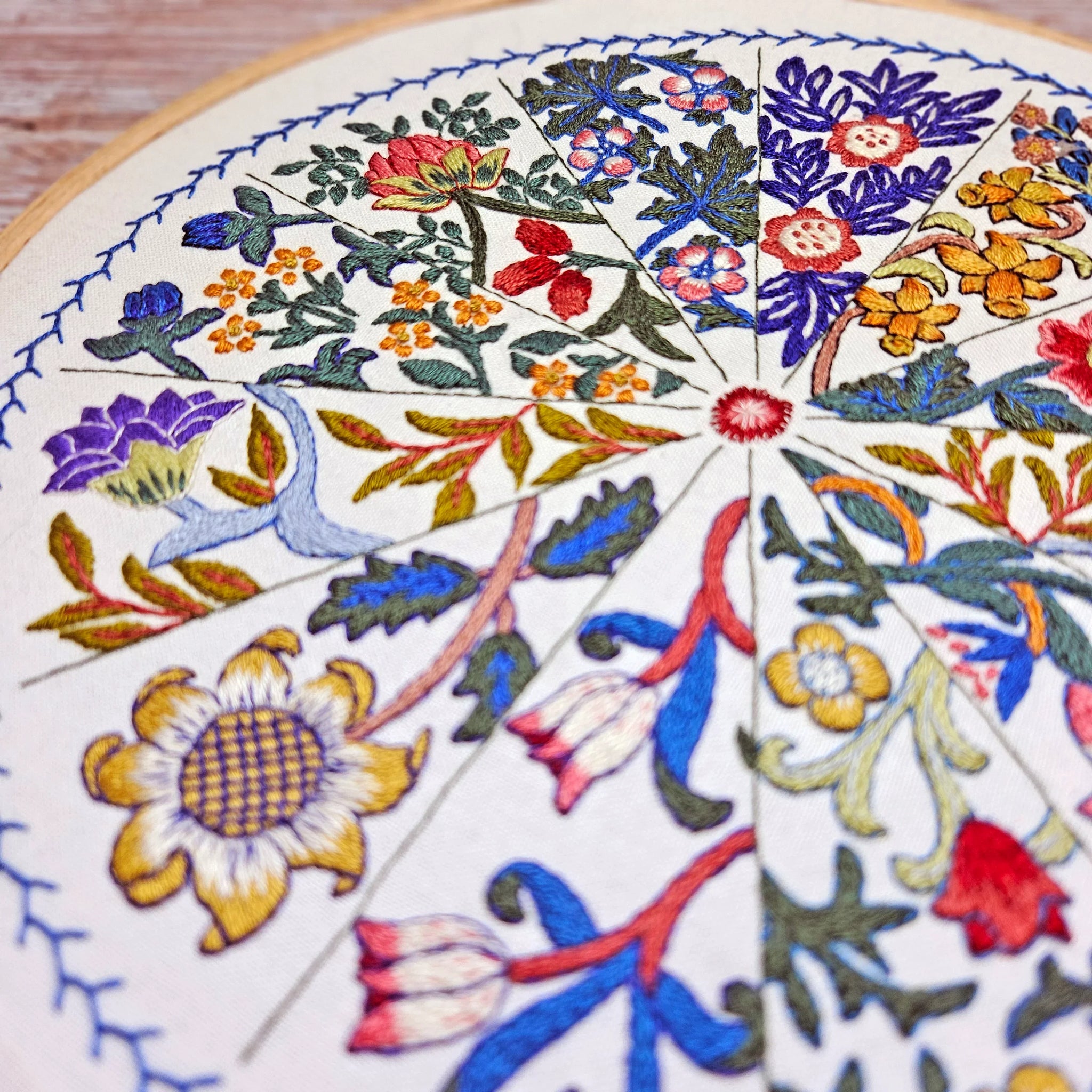 Embroidered fabric with floral patterns on a wooden surface