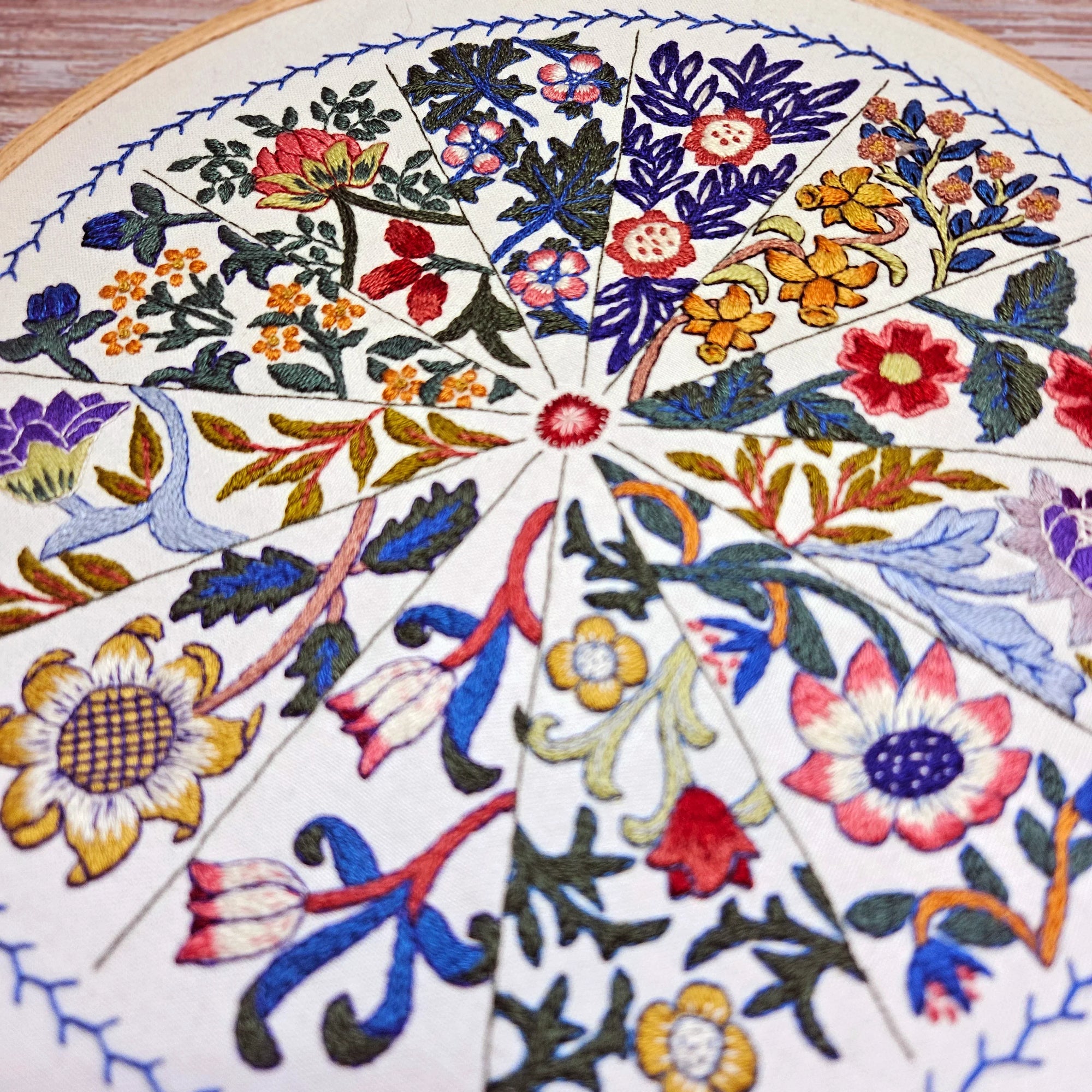 Circular embroidered design with colorful flowers on a white background