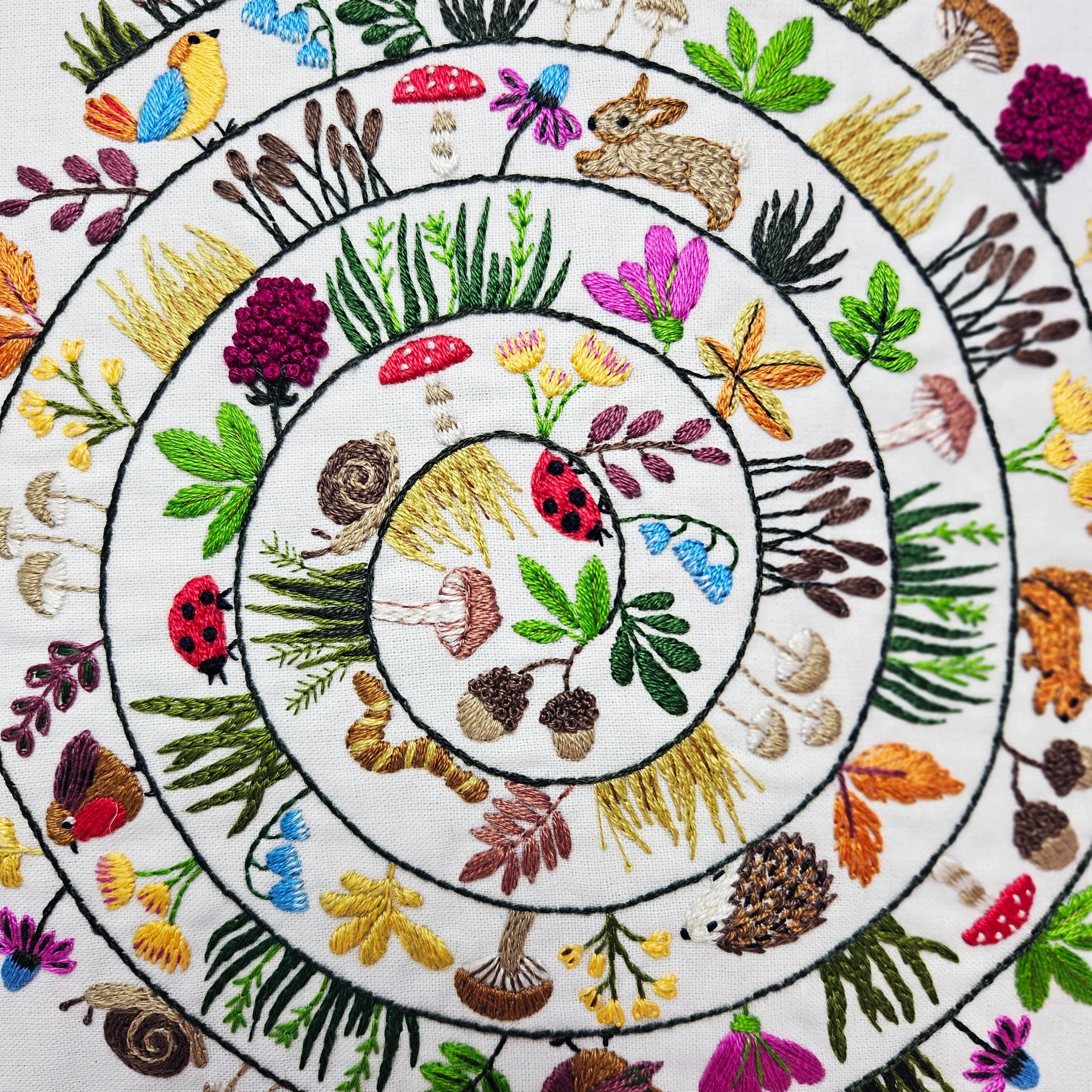 Circular embroidered design with nature-themed elements on a white background