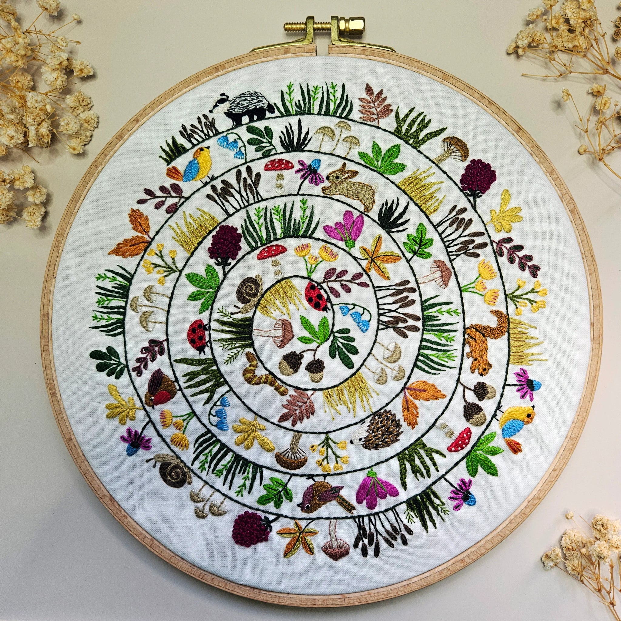 Embroidery hoop with a colorful circular pattern of nature-themed designs on a light background.