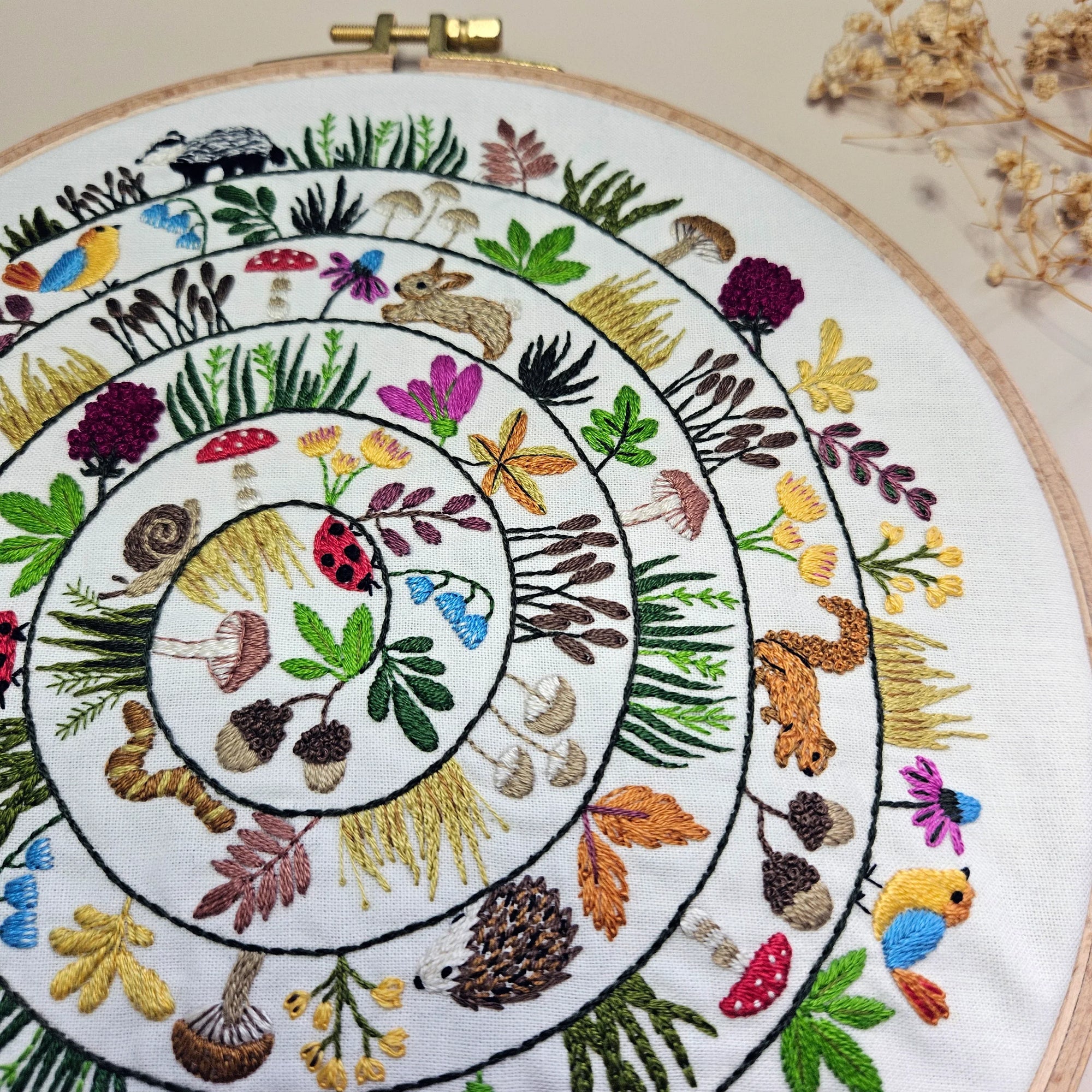 Embroidery hoop with a colorful circular pattern of nature-themed designs.