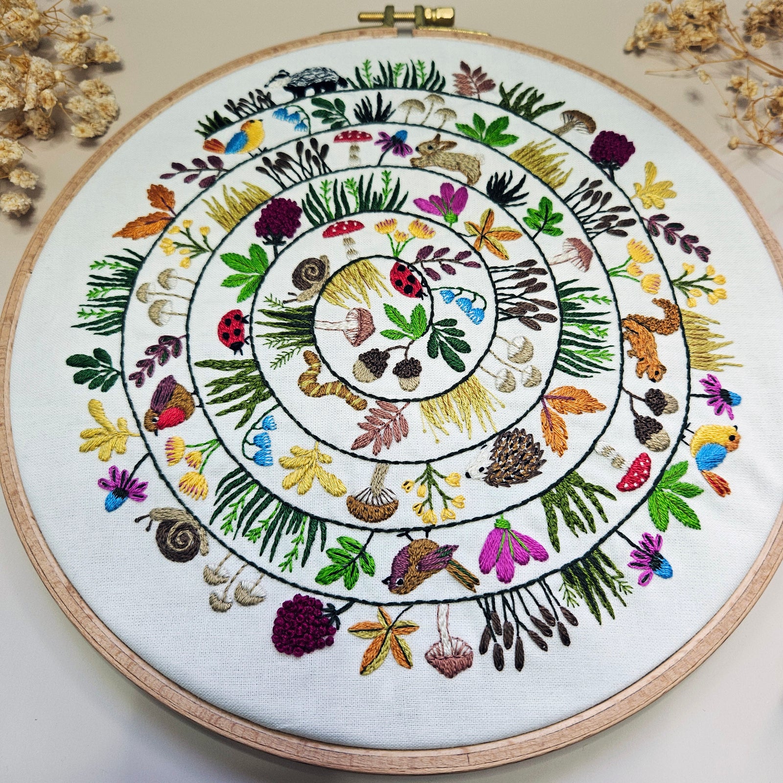 Embroidery hoop with a colorful circular pattern of nature-themed designs on a white background.