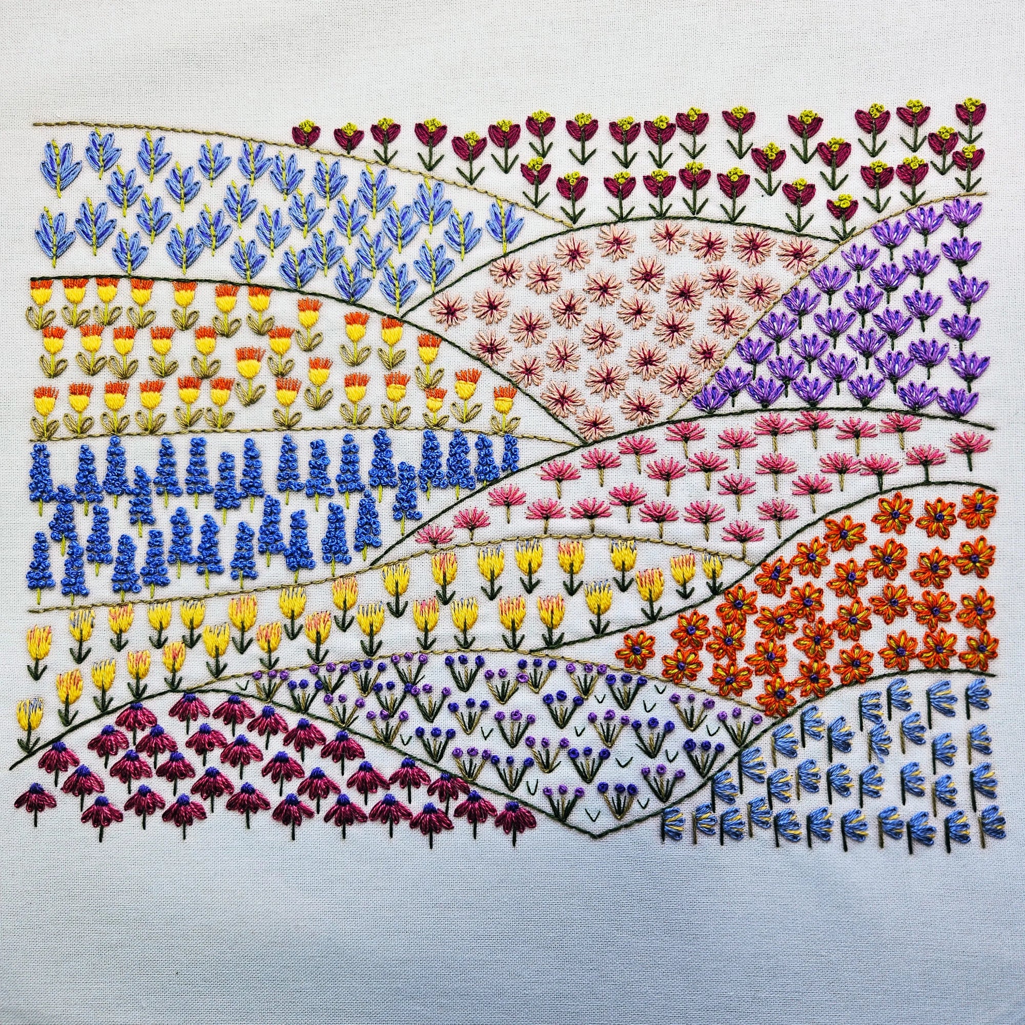 Embroidered design of a colorful flower pattern on fabric