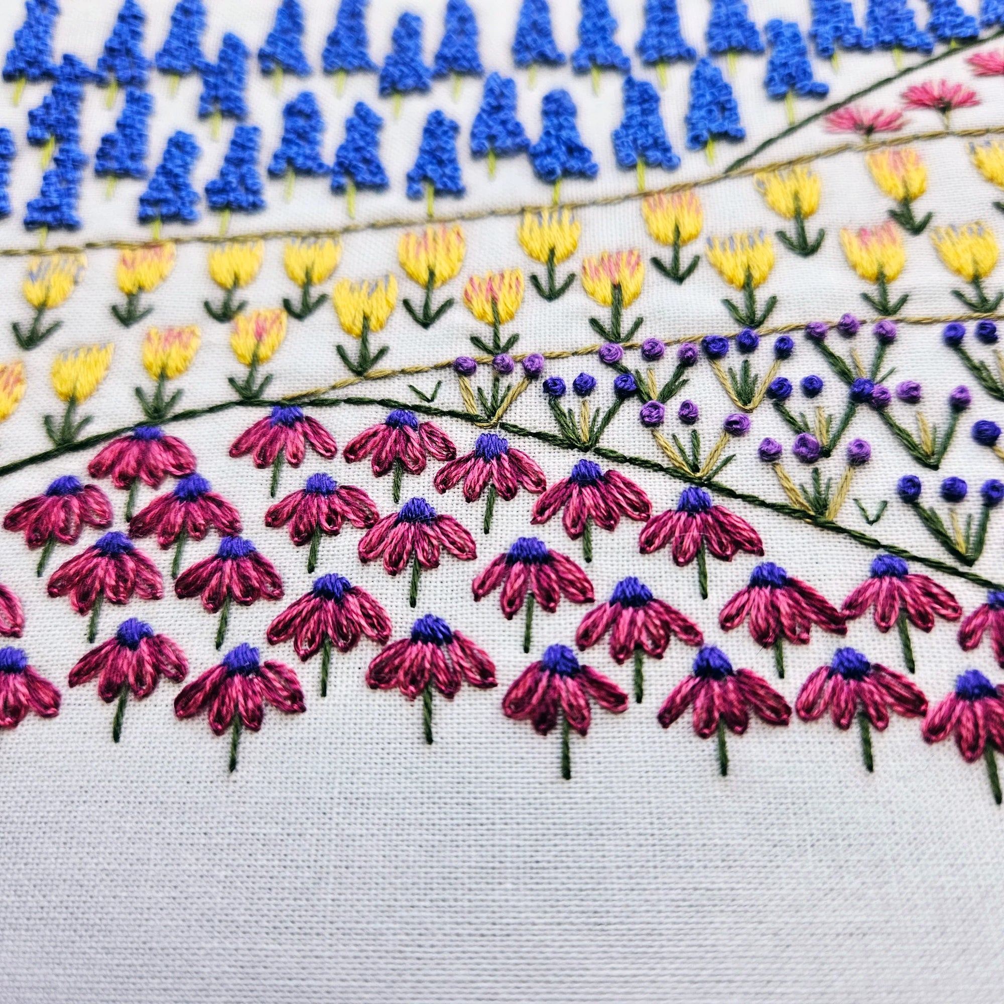Close-up of colorful floral embroidery with blue, pink, yellow, and purple flowers.