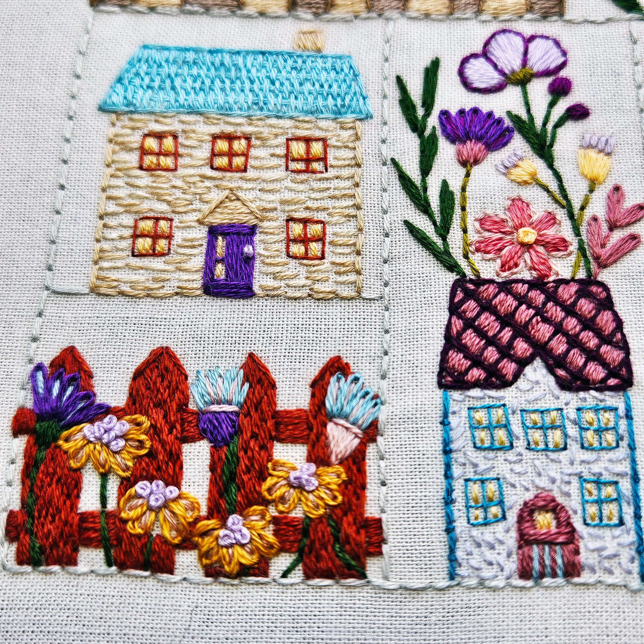 Embroidered scene with houses, flowers, and a fence on fabric.