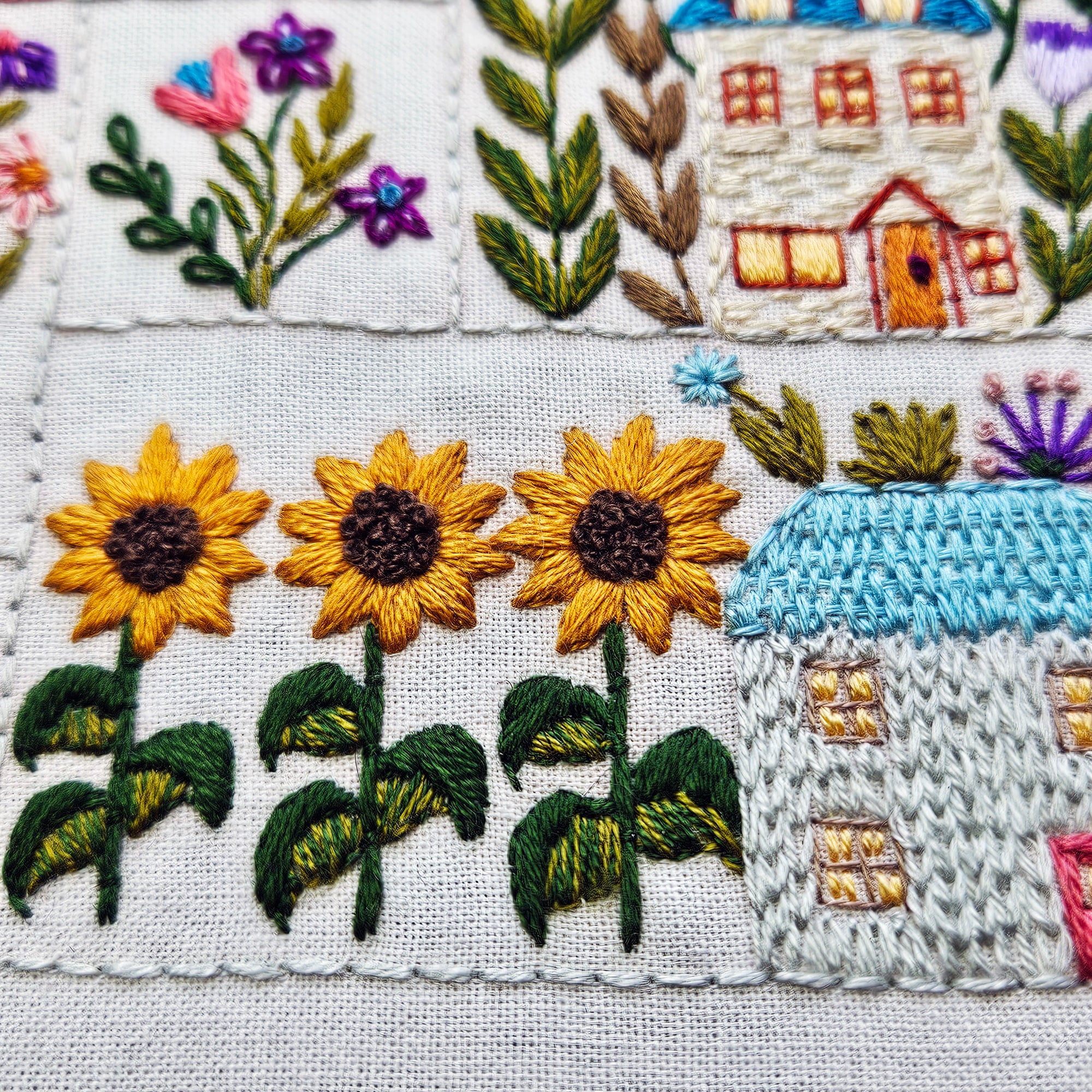 Embroidery of sunflowers and houses on a white fabric background