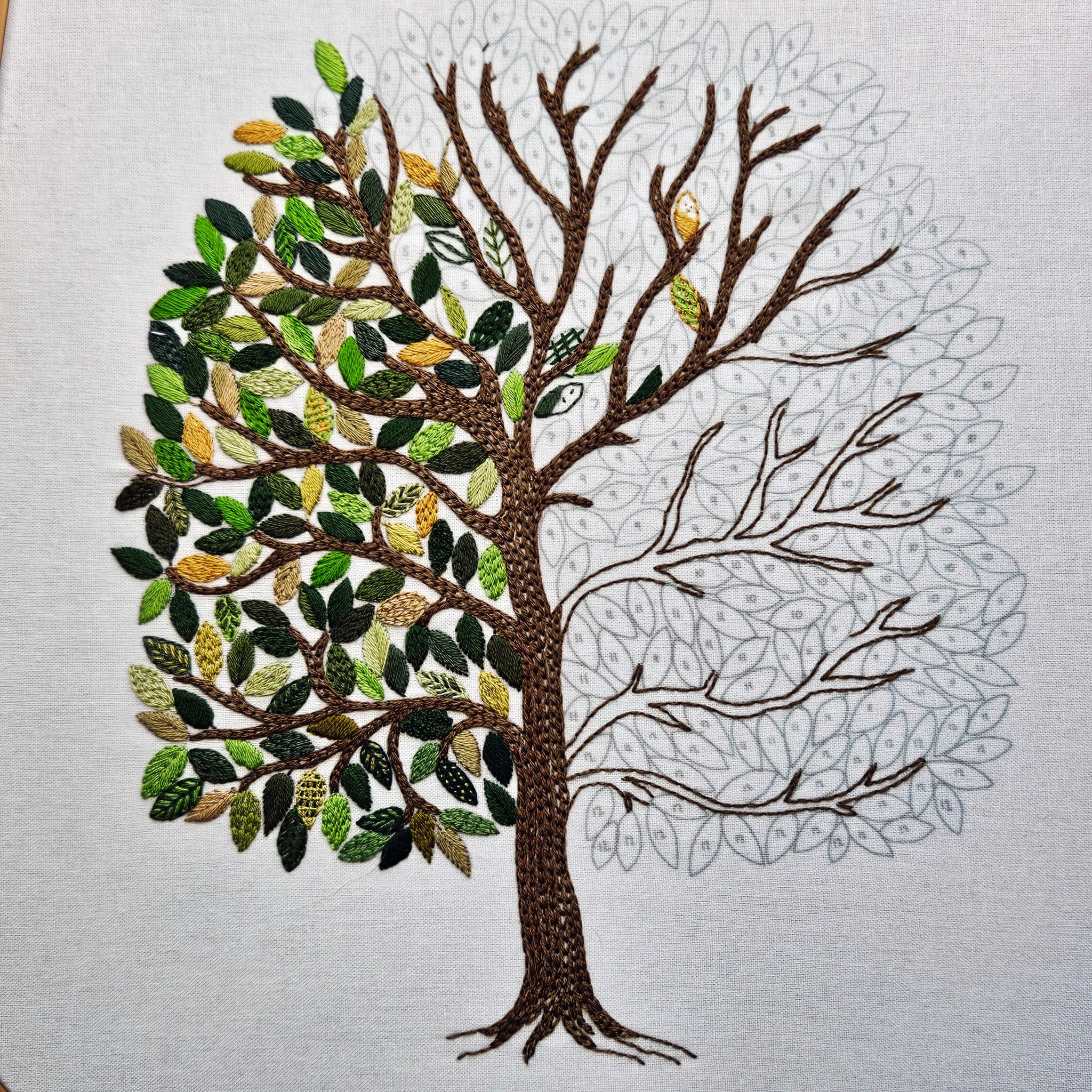 Embroidered tree with green leaves on a white background
