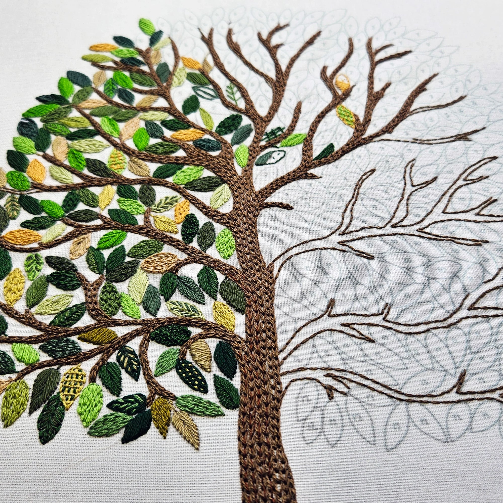 Embroidered tree with green leaves on a white background