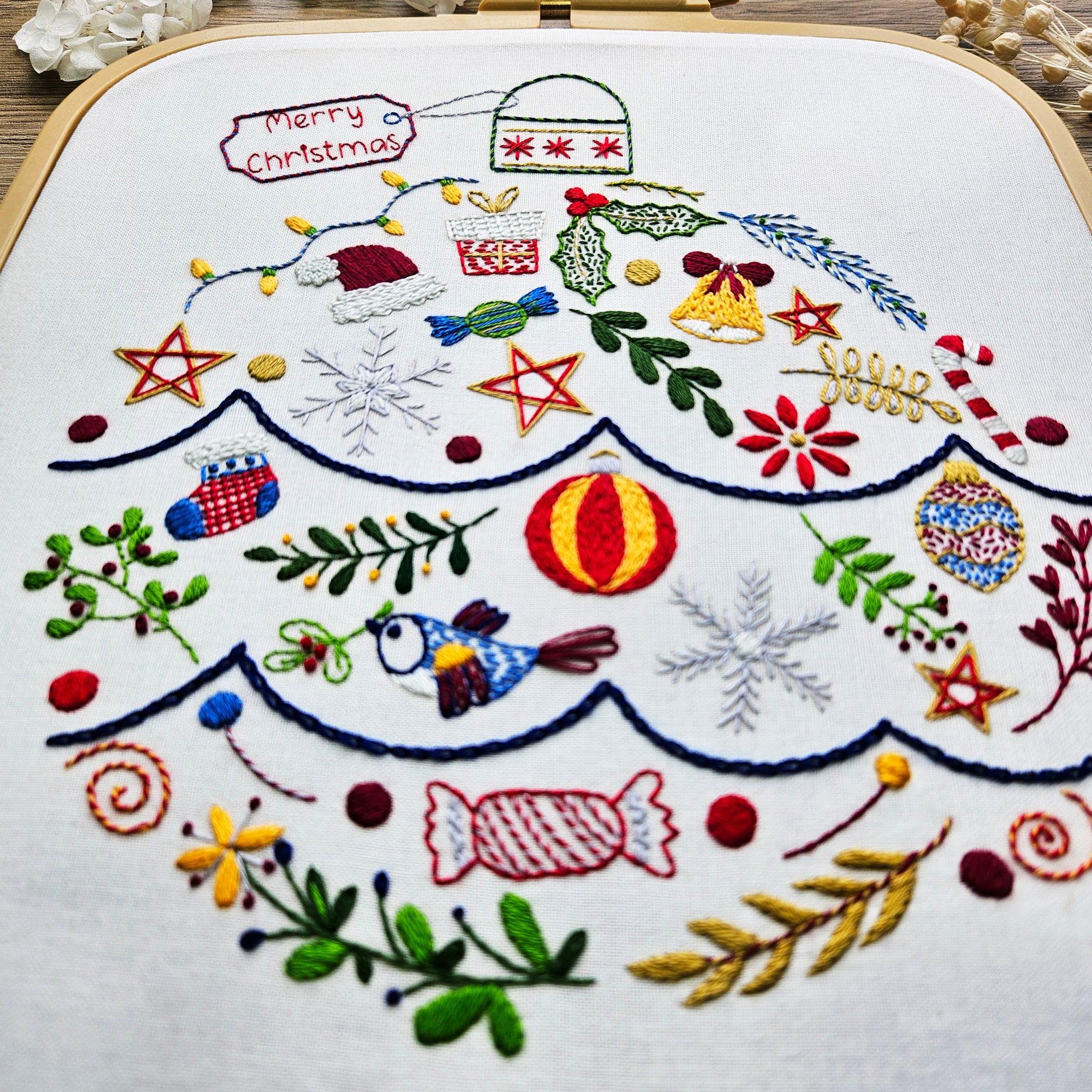 Embroidery hoop with Christmas-themed embroidery including trees, stars, and festive elements.