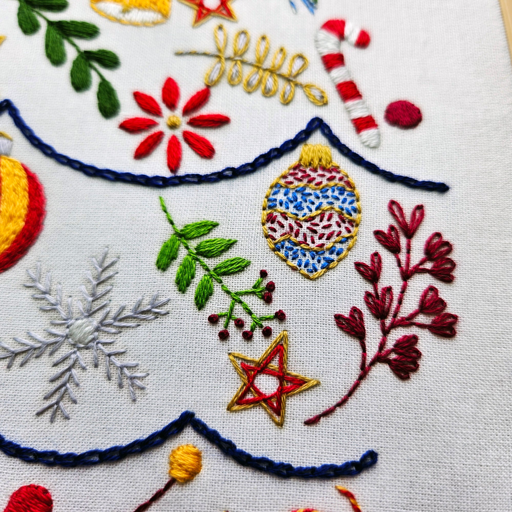 Close-up of embroidered Christmas-themed design on fabric