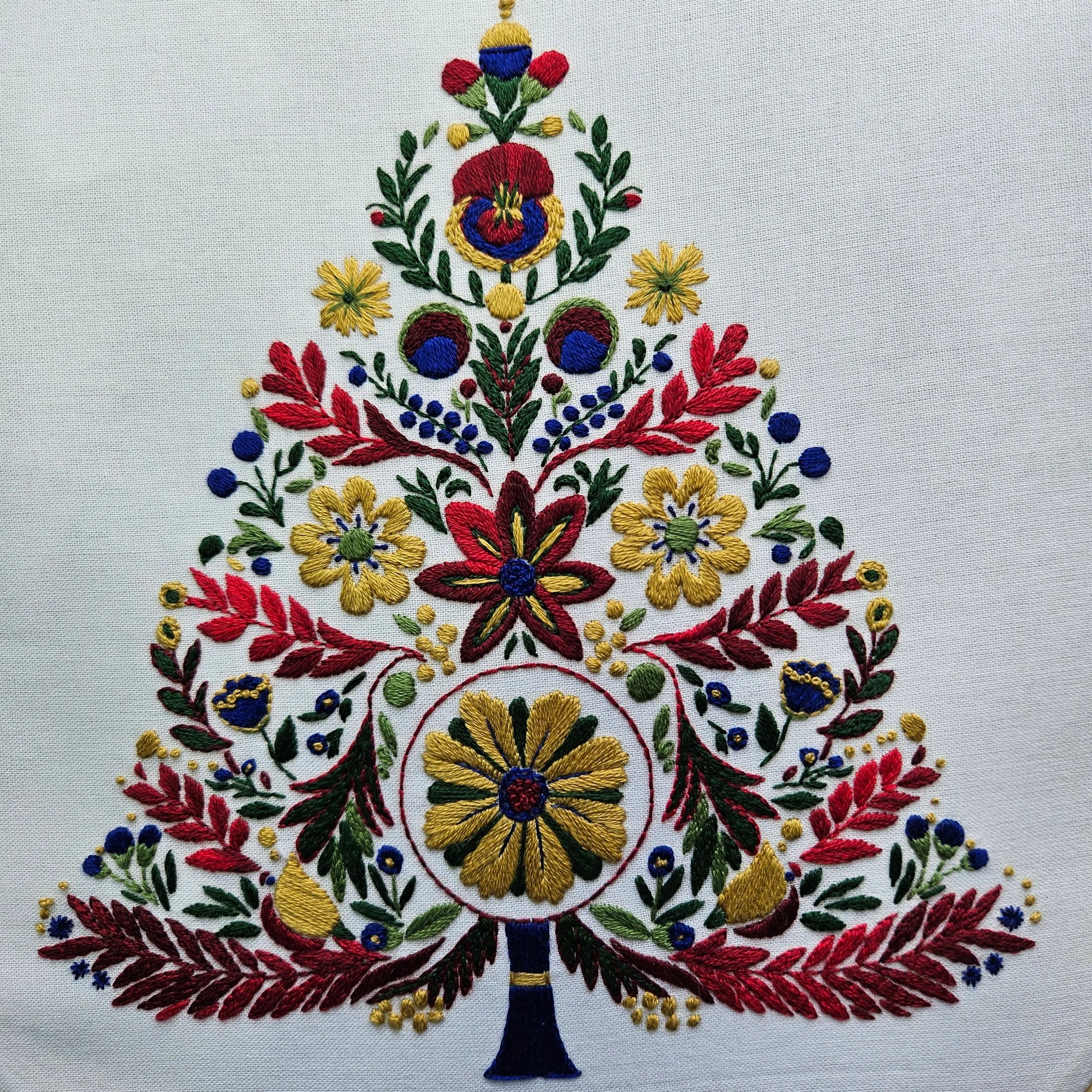 Colorful floral embroidery design on a white fabric background