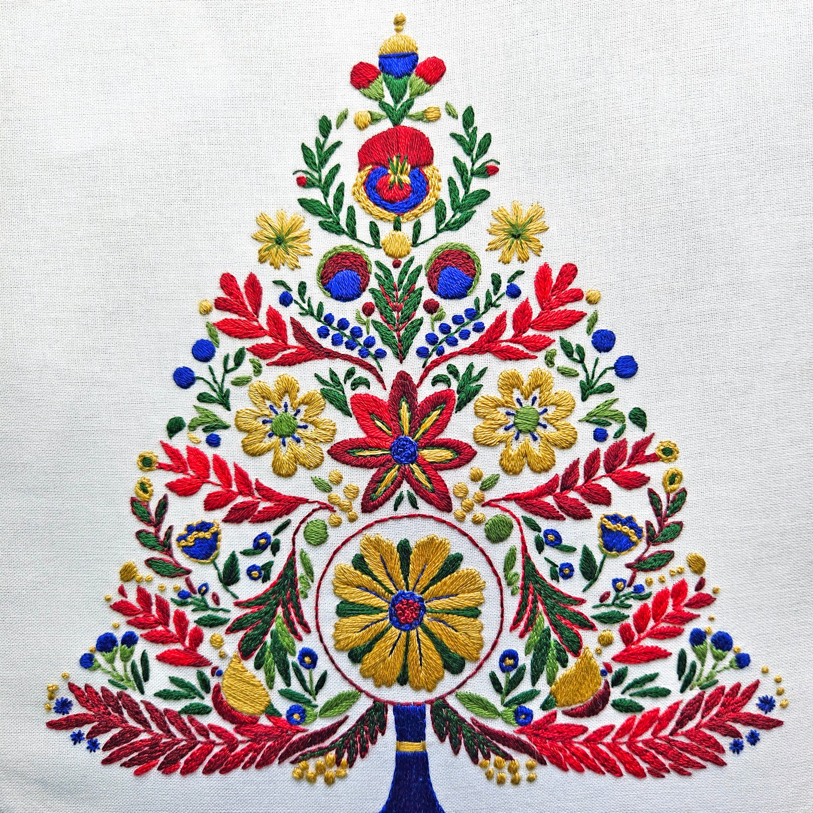 Colorful embroidered design on a white fabric background