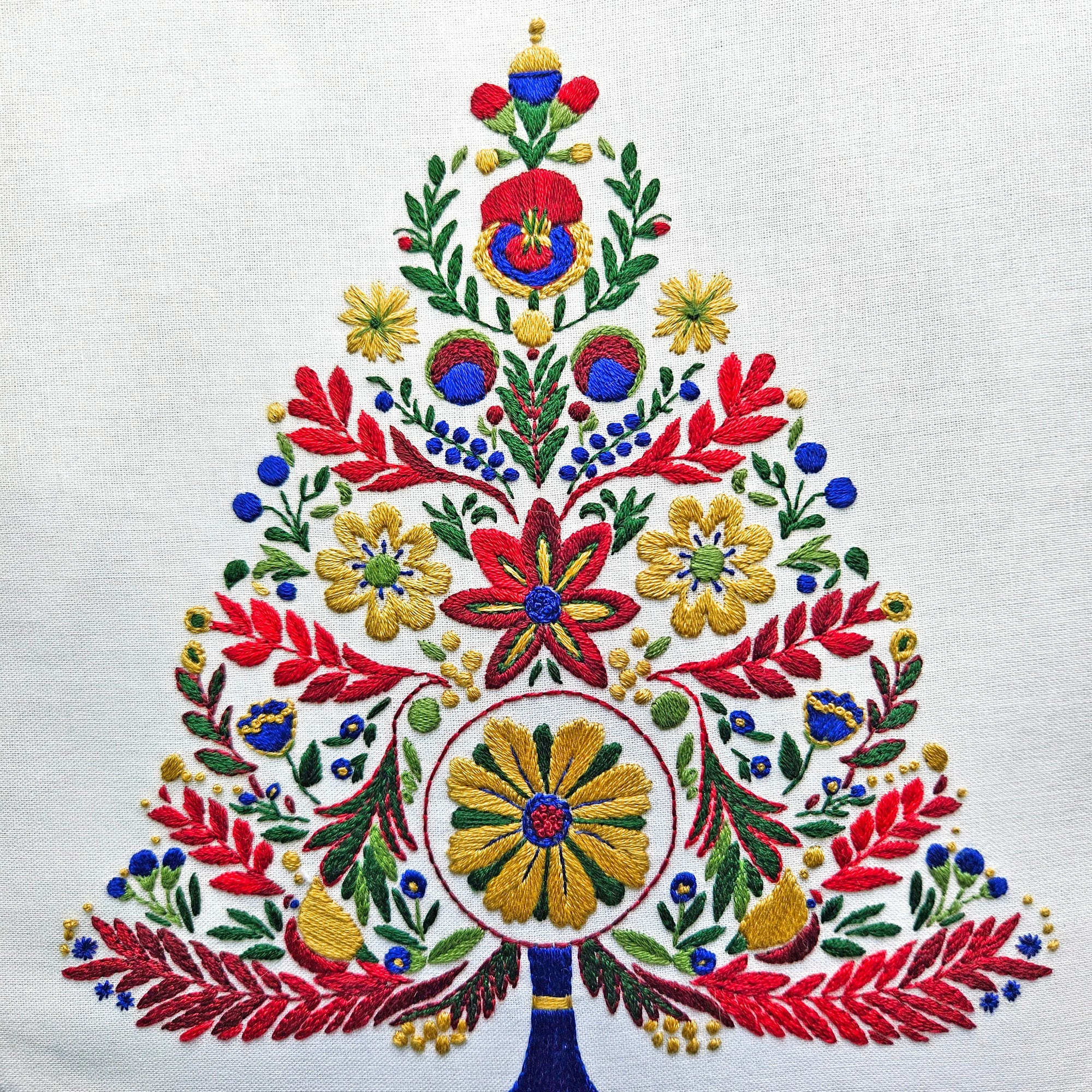 Colorful embroidered design on a white fabric background