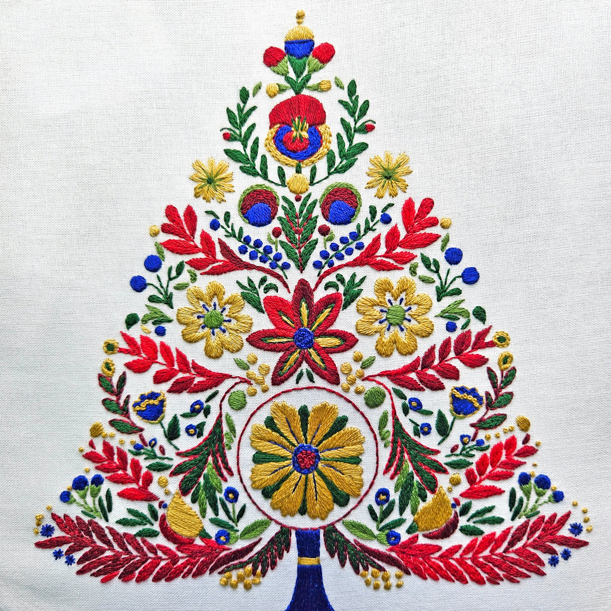 Colorful embroidered design on a white fabric background