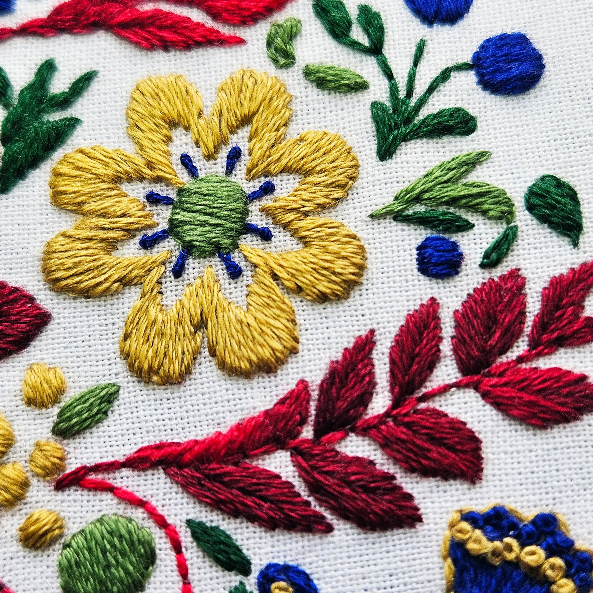 Colorful embroidered floral design on fabric with yellow, red, green, and blue colors.