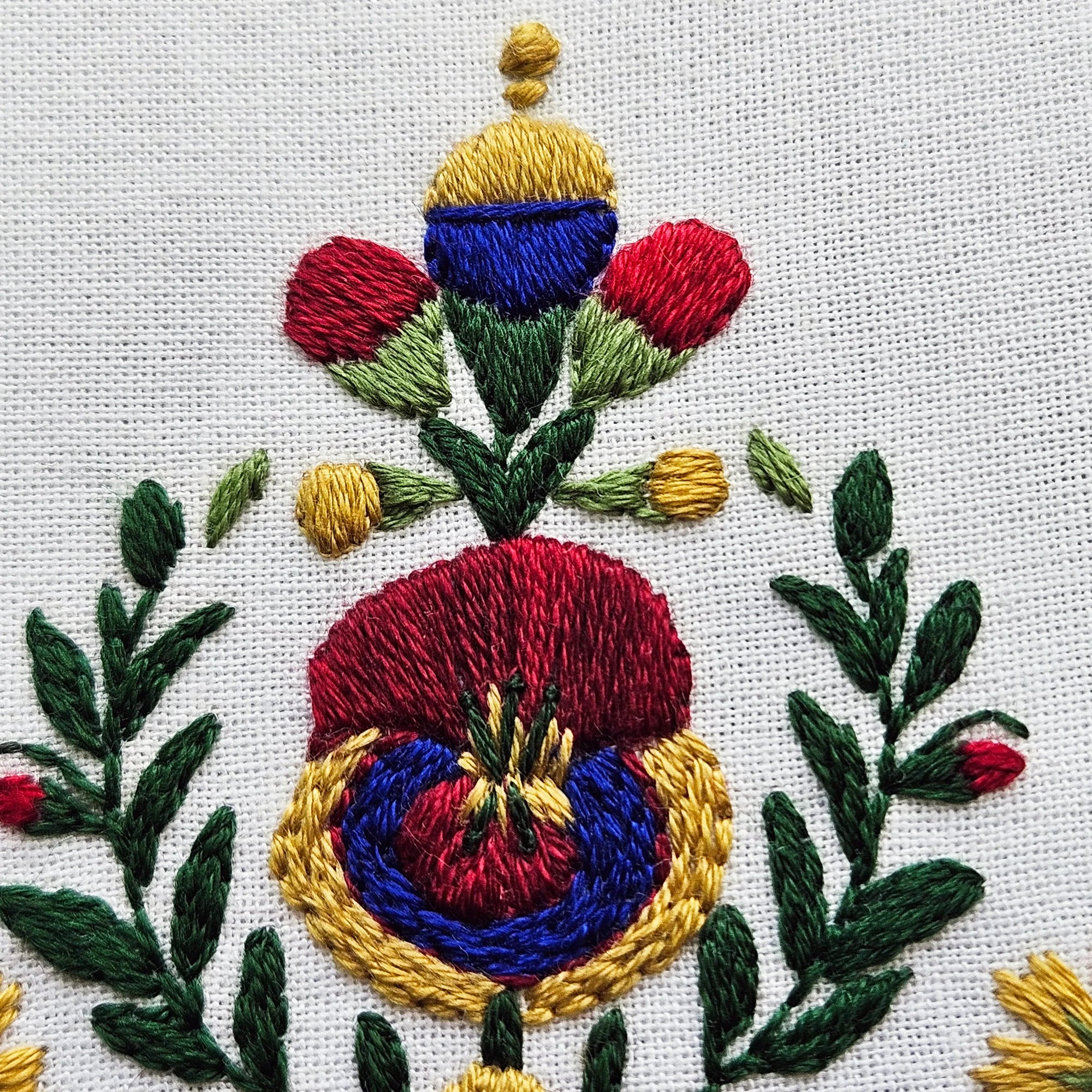 Embroidered floral design with red, blue, and yellow flowers on a white fabric background.