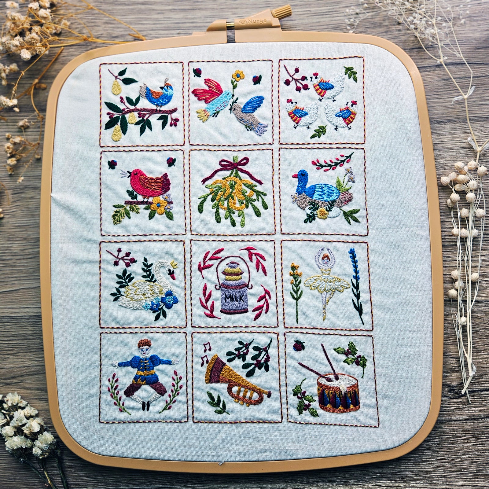 Twelve days of Christmas Pre Printed Hand Embroidery Fabric Panel