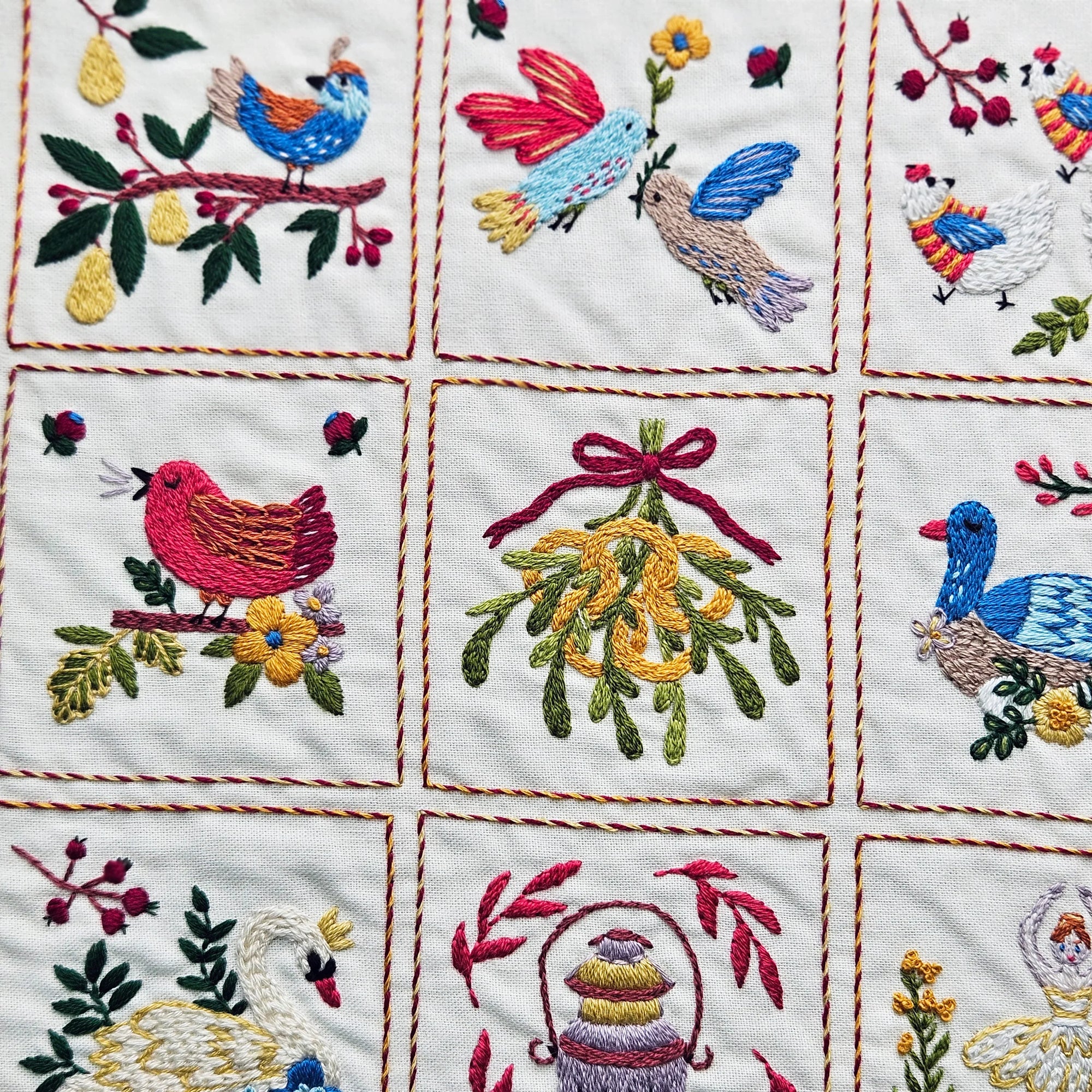 Embroidered fabric with colorful birds and floral patterns on a white background