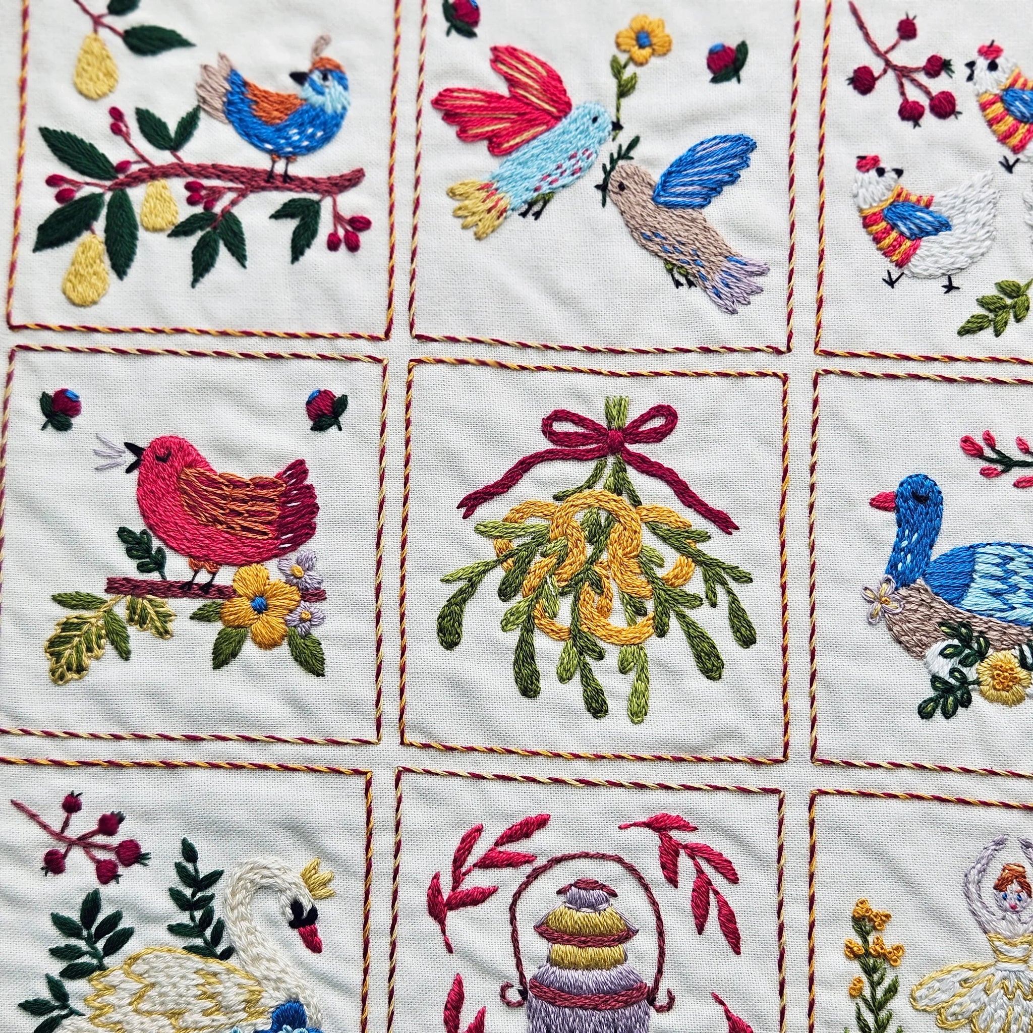 Embroidered fabric with colorful birds and floral patterns on a white background