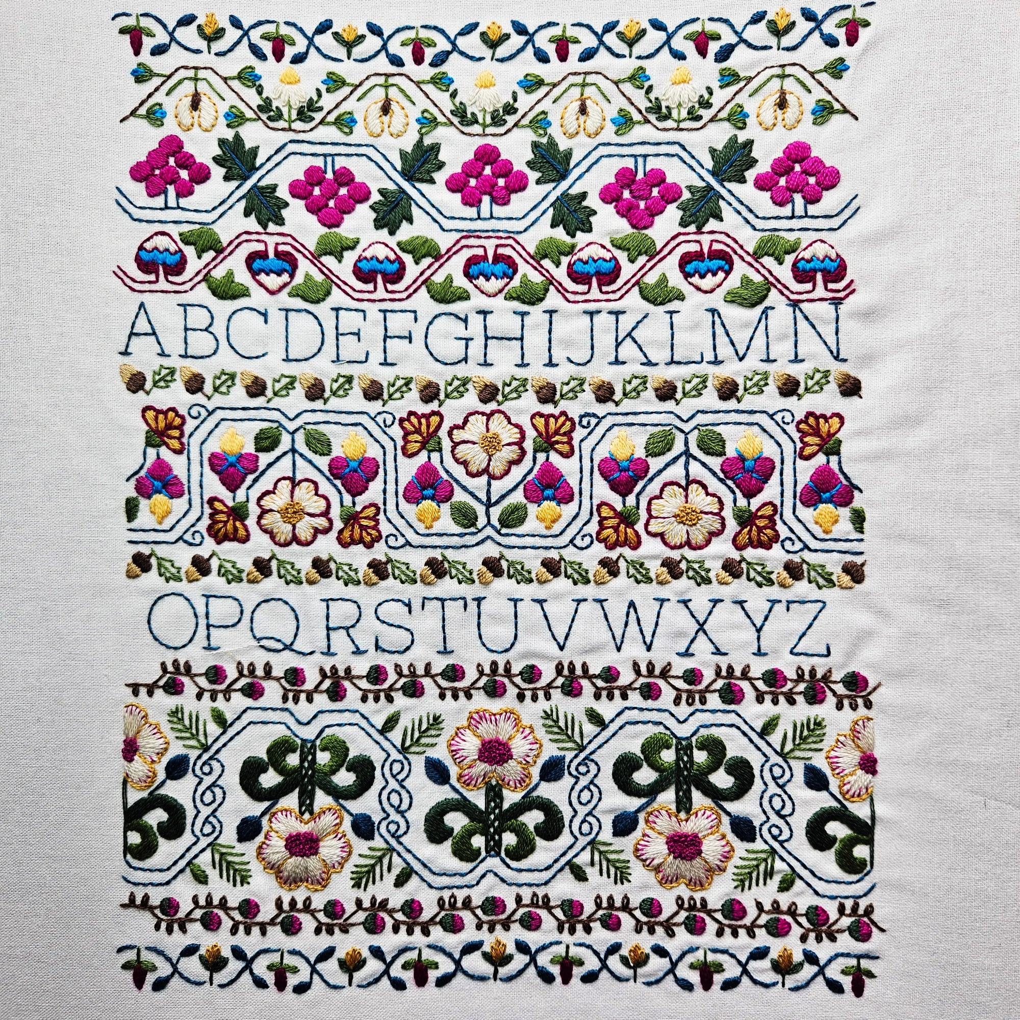 Embroidered alphabet pattern with flowers and decorative elements on a white background