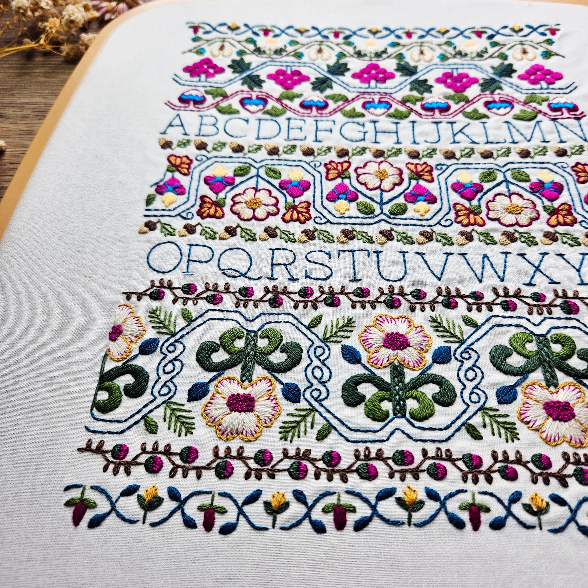 Embroidery Sampler with floral patterns and alphabets on fabric