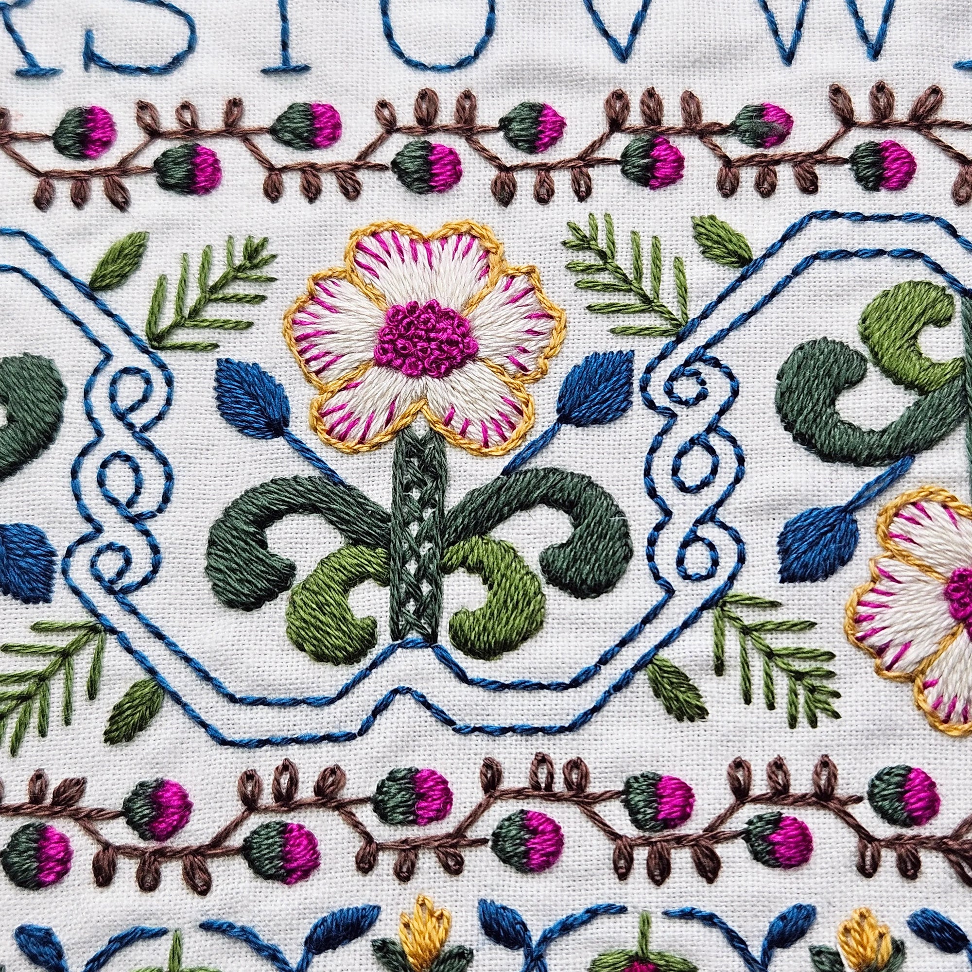 Close-up of embroidered floral design with colorful flowers and leaves on a white fabric background.