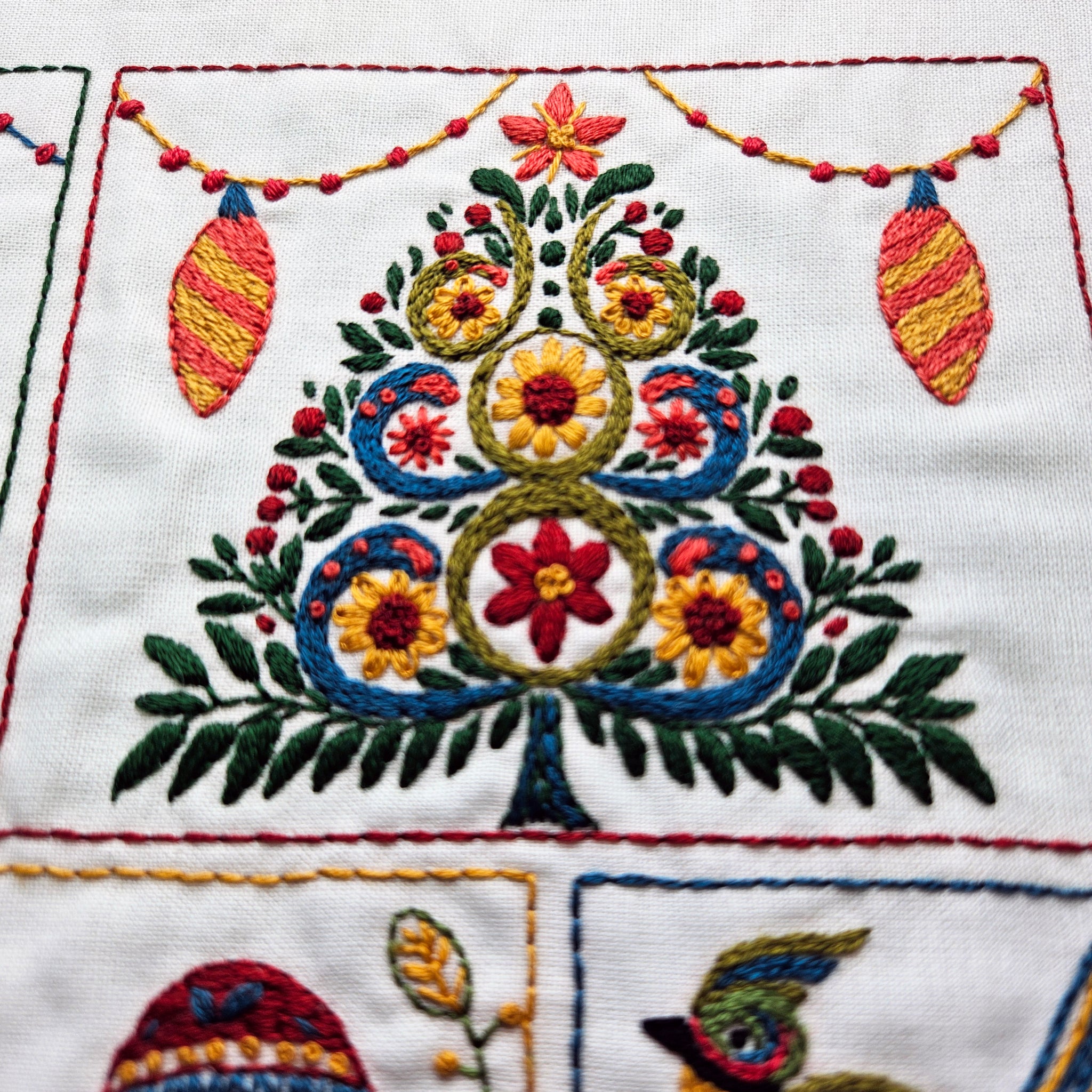 Close-up of embroidered fabric with colorful floral patterns and decorative elements.