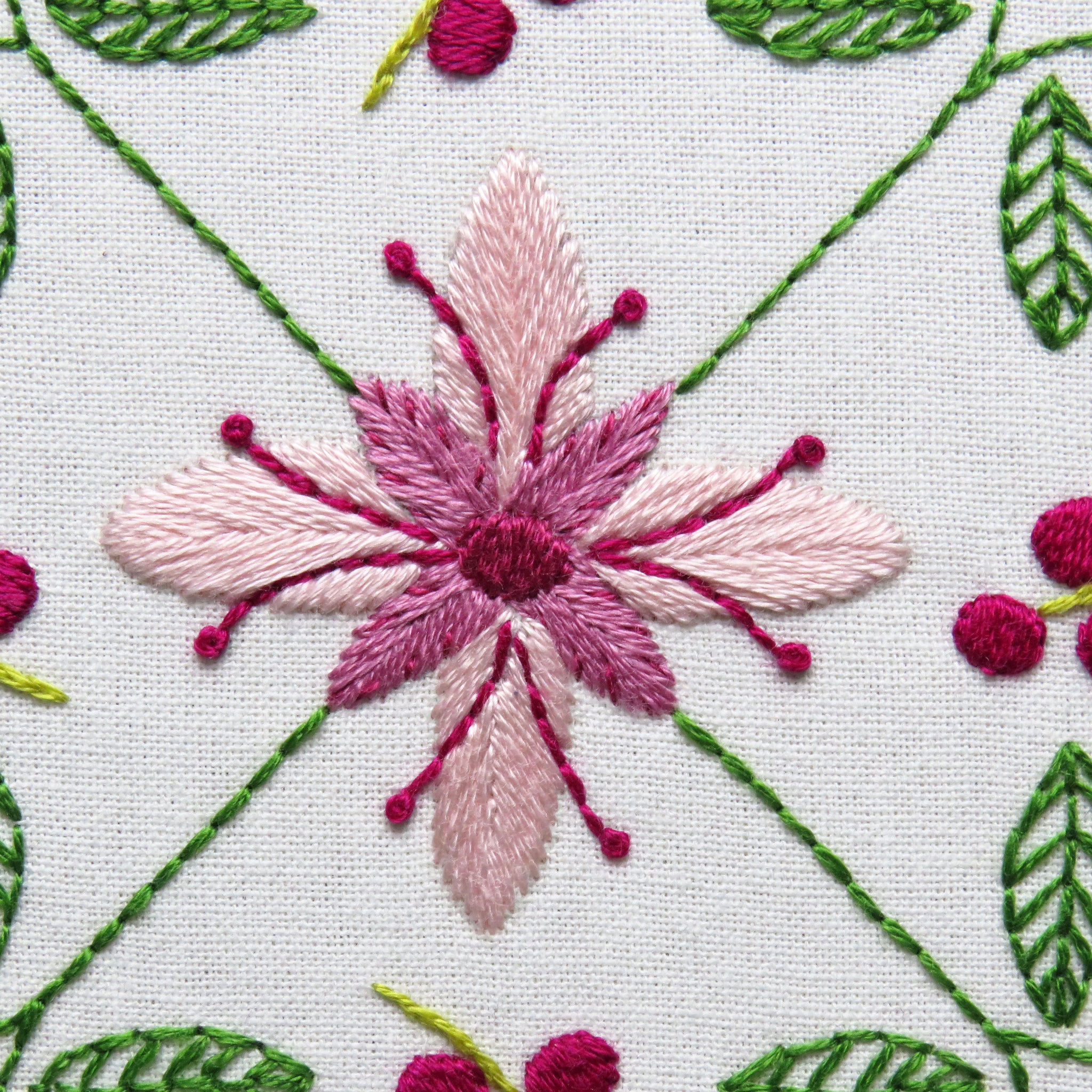 Close-up of embroidered pink flower with green leaves on a white background
