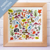 Framed fabric pattern with nature-themed designs on a white background