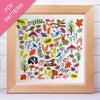 Framed PDF pattern with colorful nature-themed designs on a white background