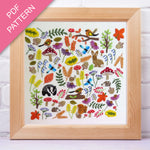 Framed PDF pattern with colorful nature-themed designs on a white background