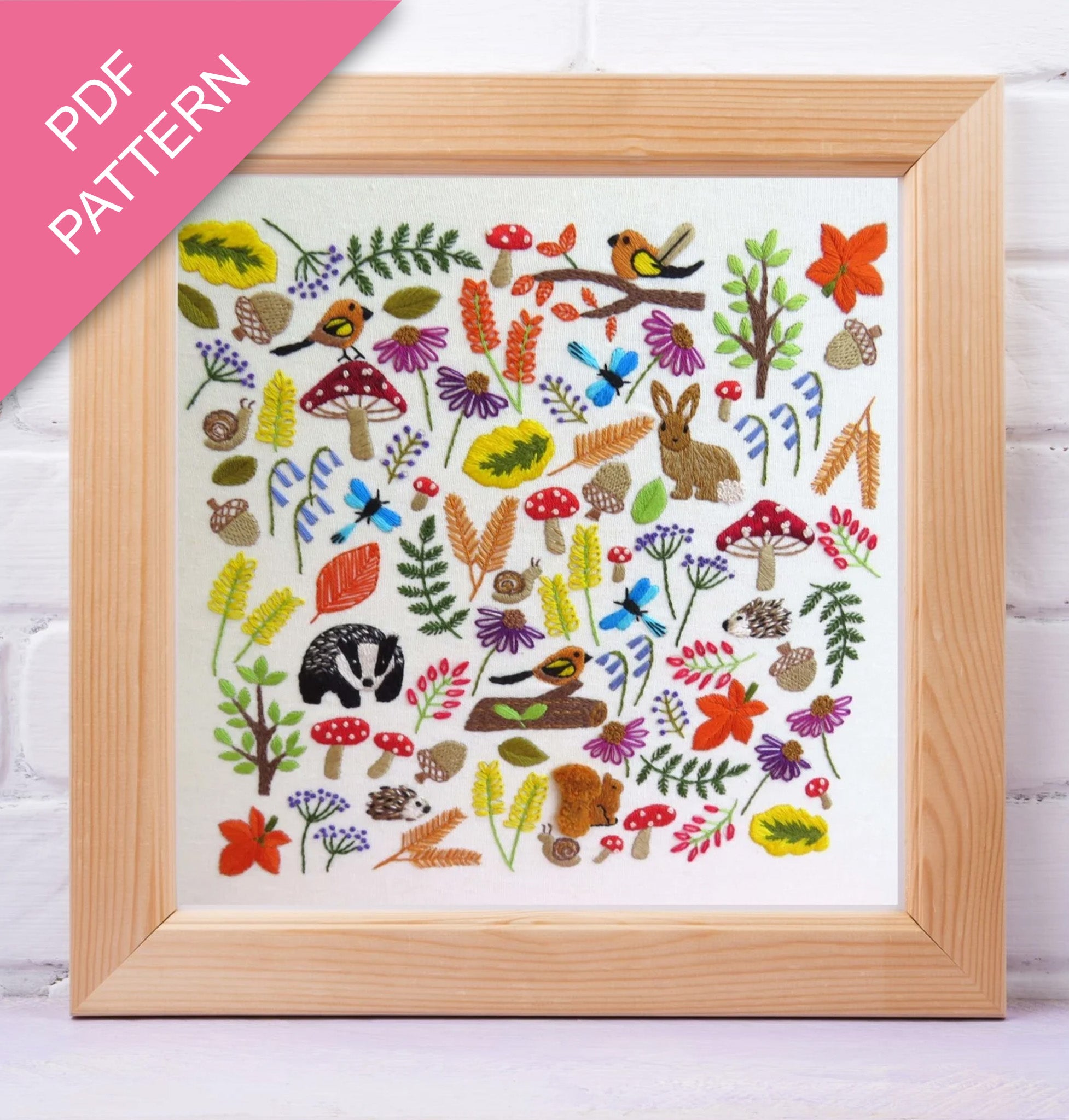 Framed PDF pattern with colorful nature-themed designs on a white background
