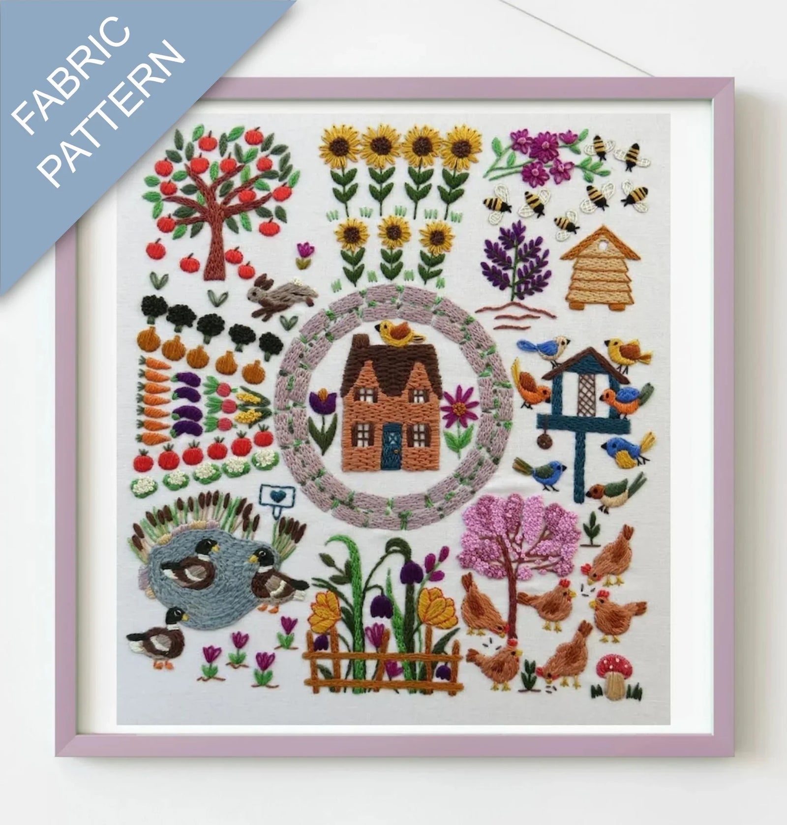 Embroidery pattern with a house, garden elements, and animals on a white background.