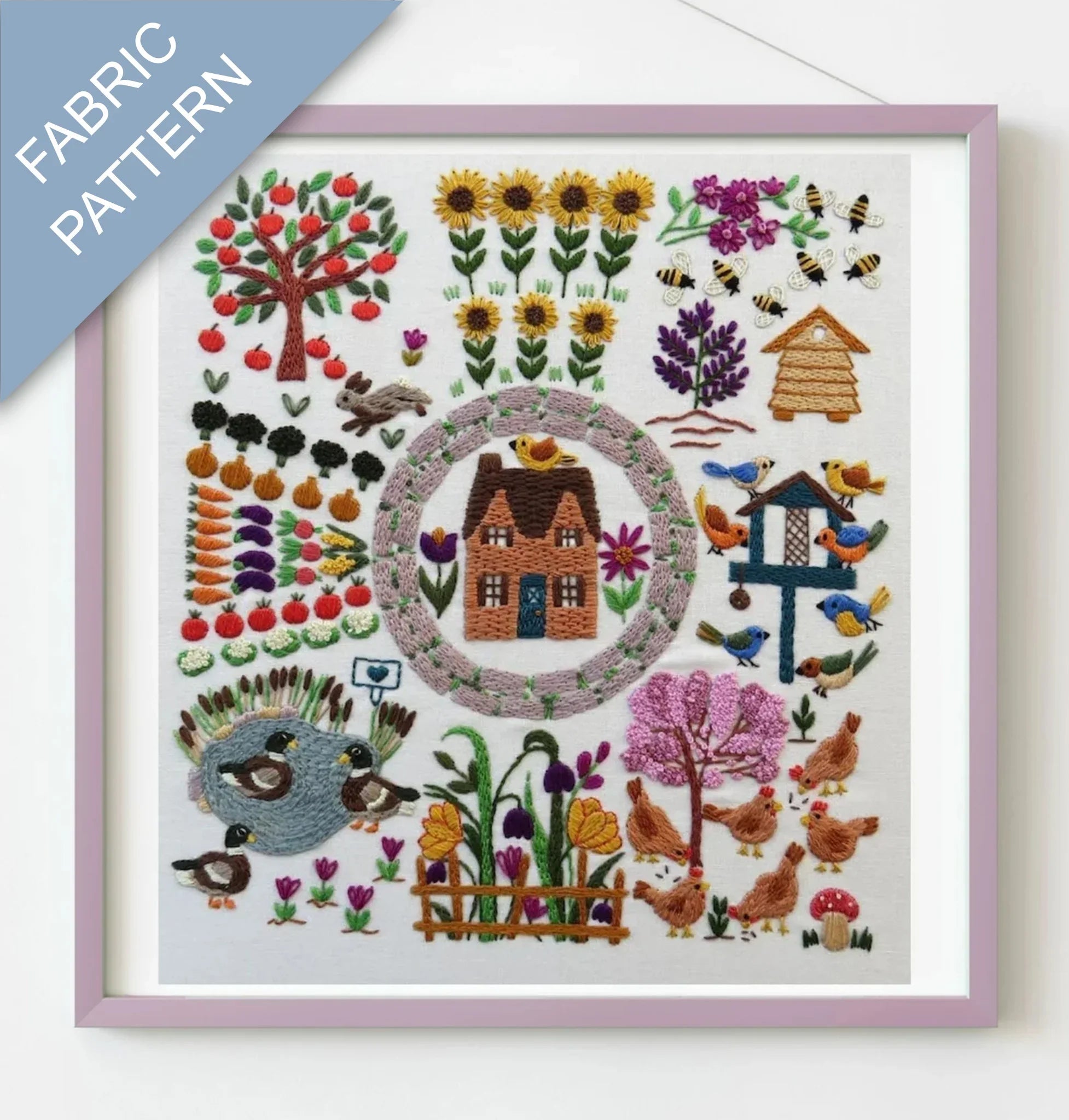 Embroidery pattern with a house, garden elements, and animals on a white background.