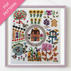 Embroidery pattern with a house, garden elements, and animals on a white background.