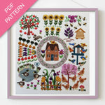 Embroidery pattern with a house, garden elements, and animals on a white background.