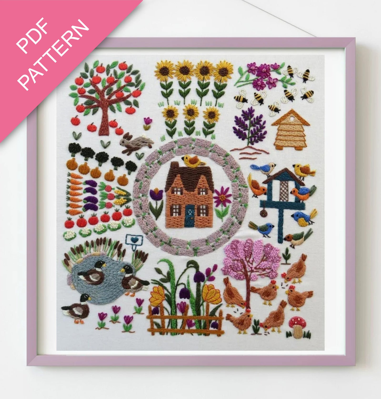 Embroidery pattern with a house, garden elements, and animals on a white background.