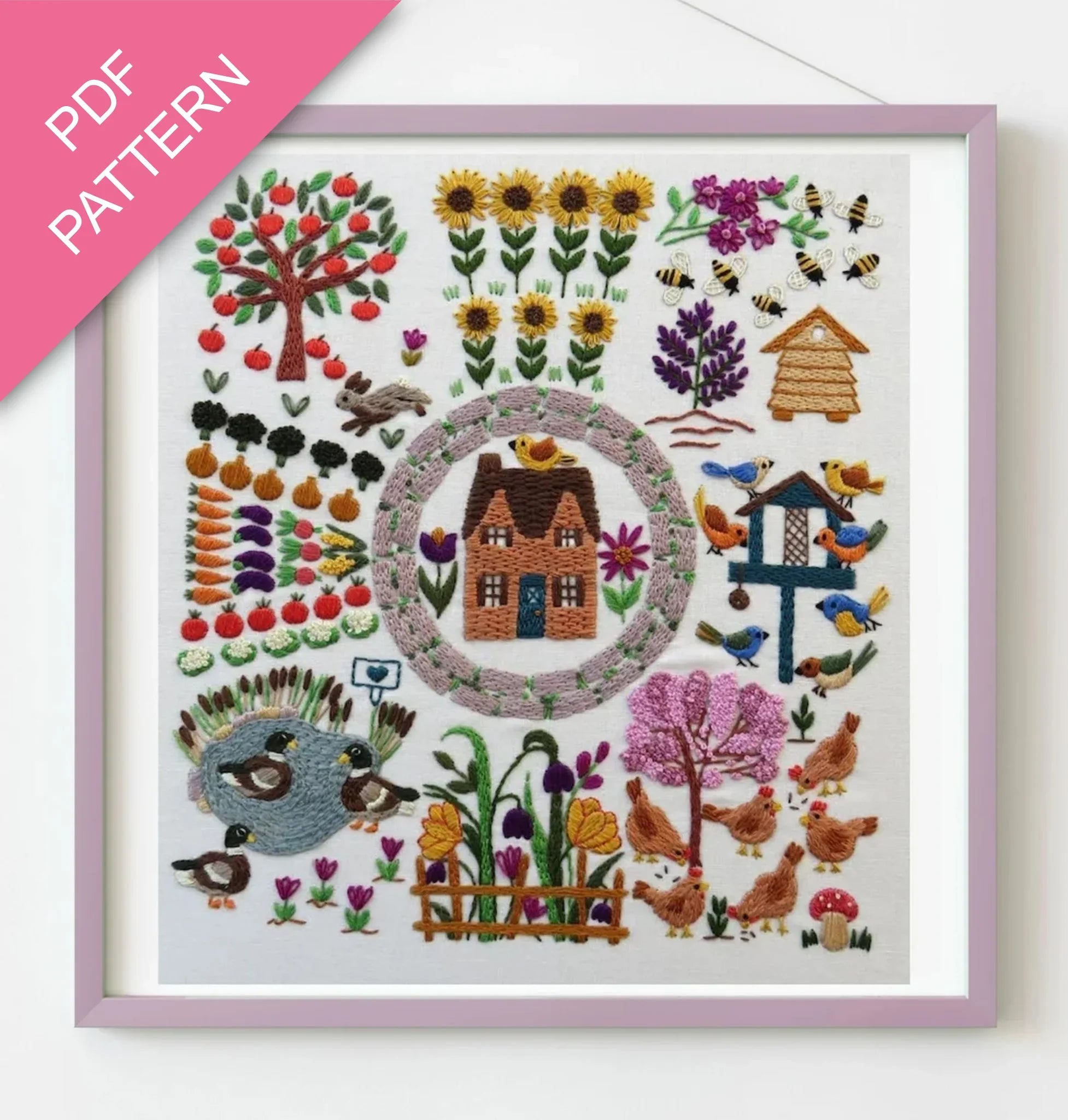 Embroidery pattern with a house, garden elements, and animals on a white background.
